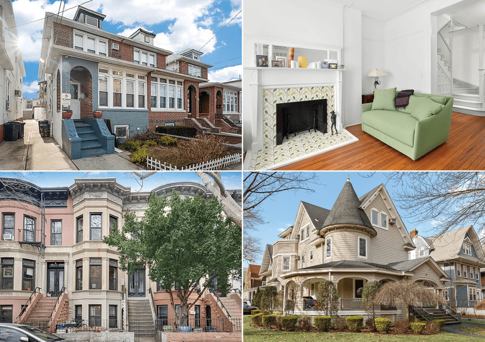 collage of exteriors and interiors of brooklyn houses for sale