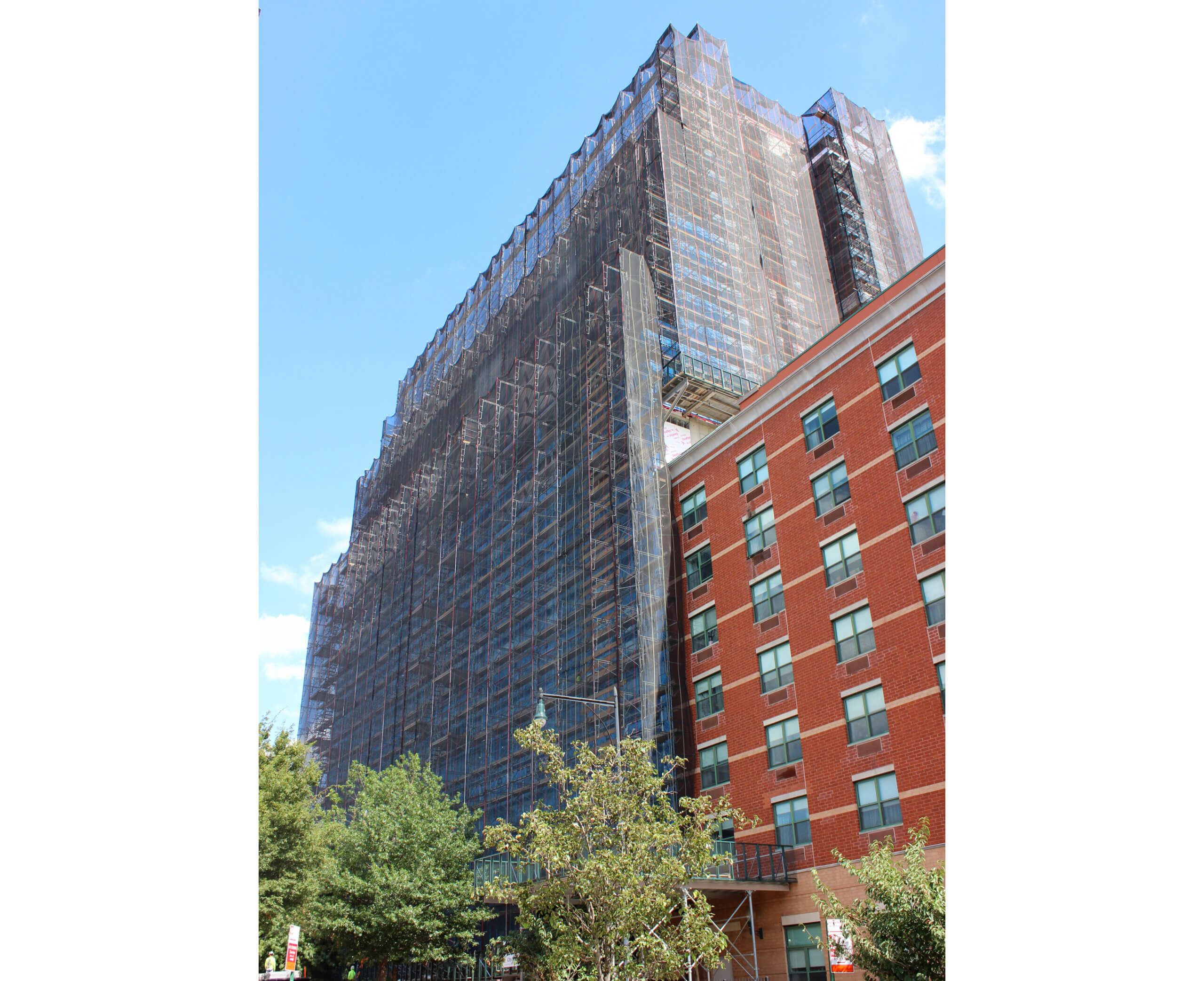 a view of teh building under scaffolding