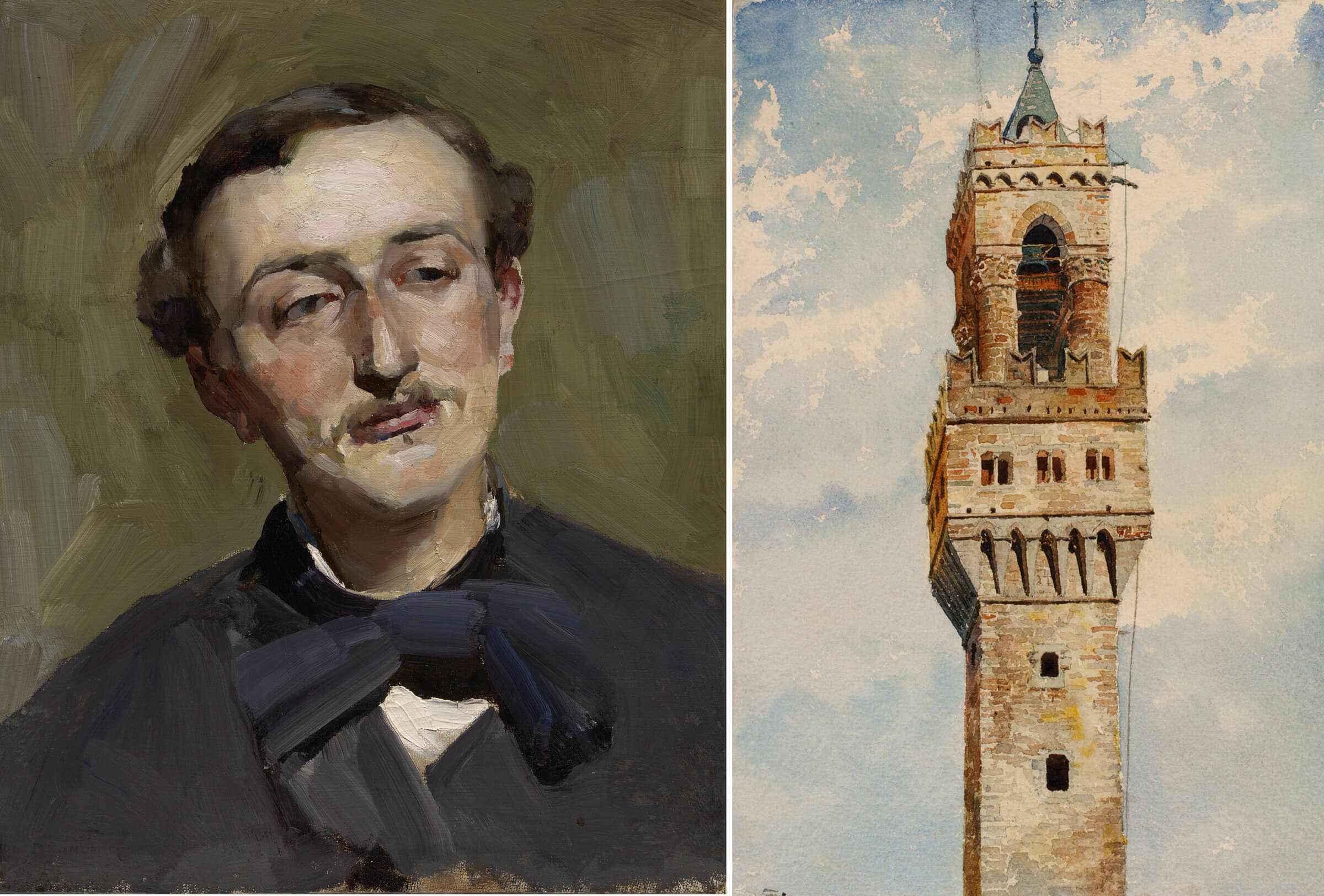 a portrait of a young cass gilbert and a watercolor of the tower