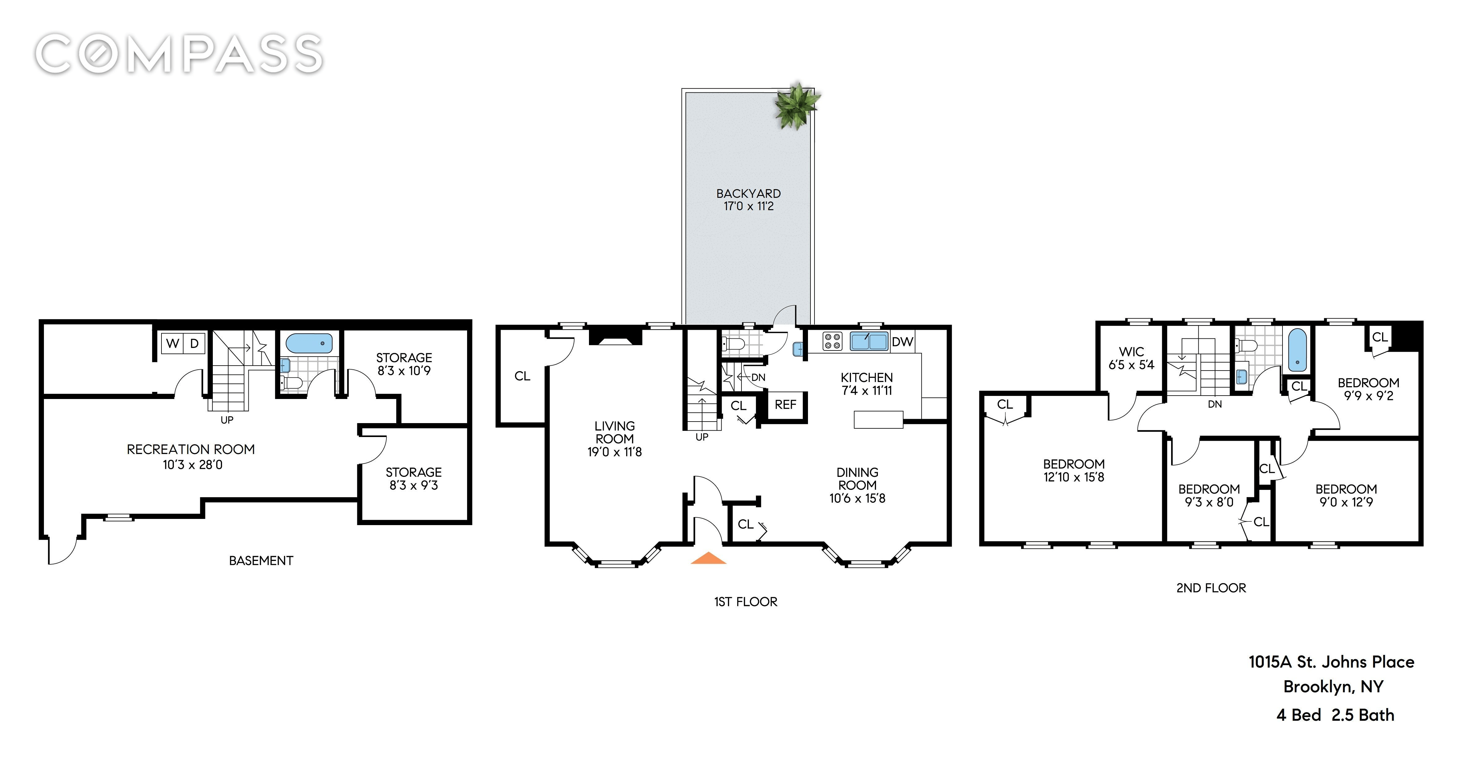 the floorplan showing living dining and kitchen on the main level and four bedrooms above