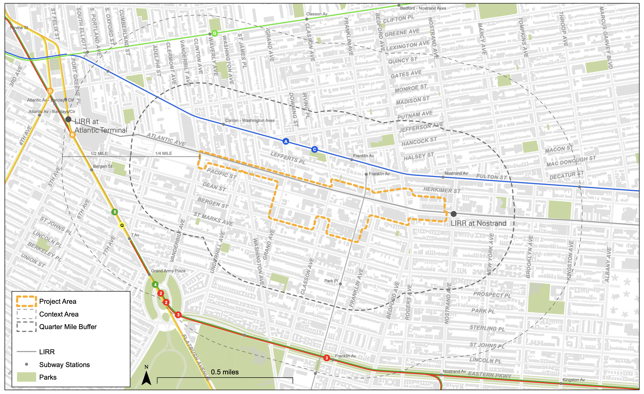 map of the atlantic avenue rezoning project area, the context area and the quarter mile buffer