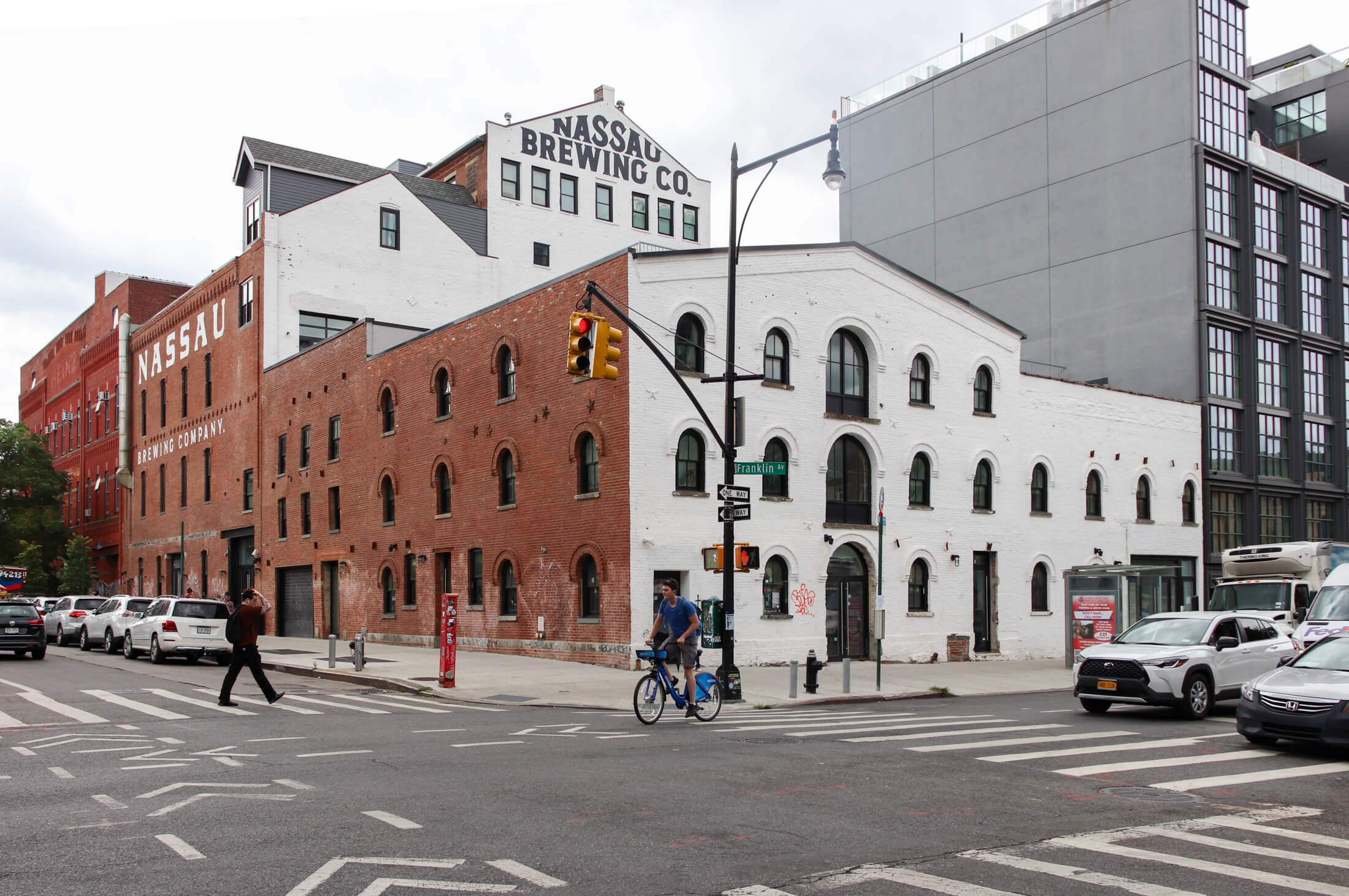 nassau brewery - view of the brick brewery with painted Nassau brewing company signs