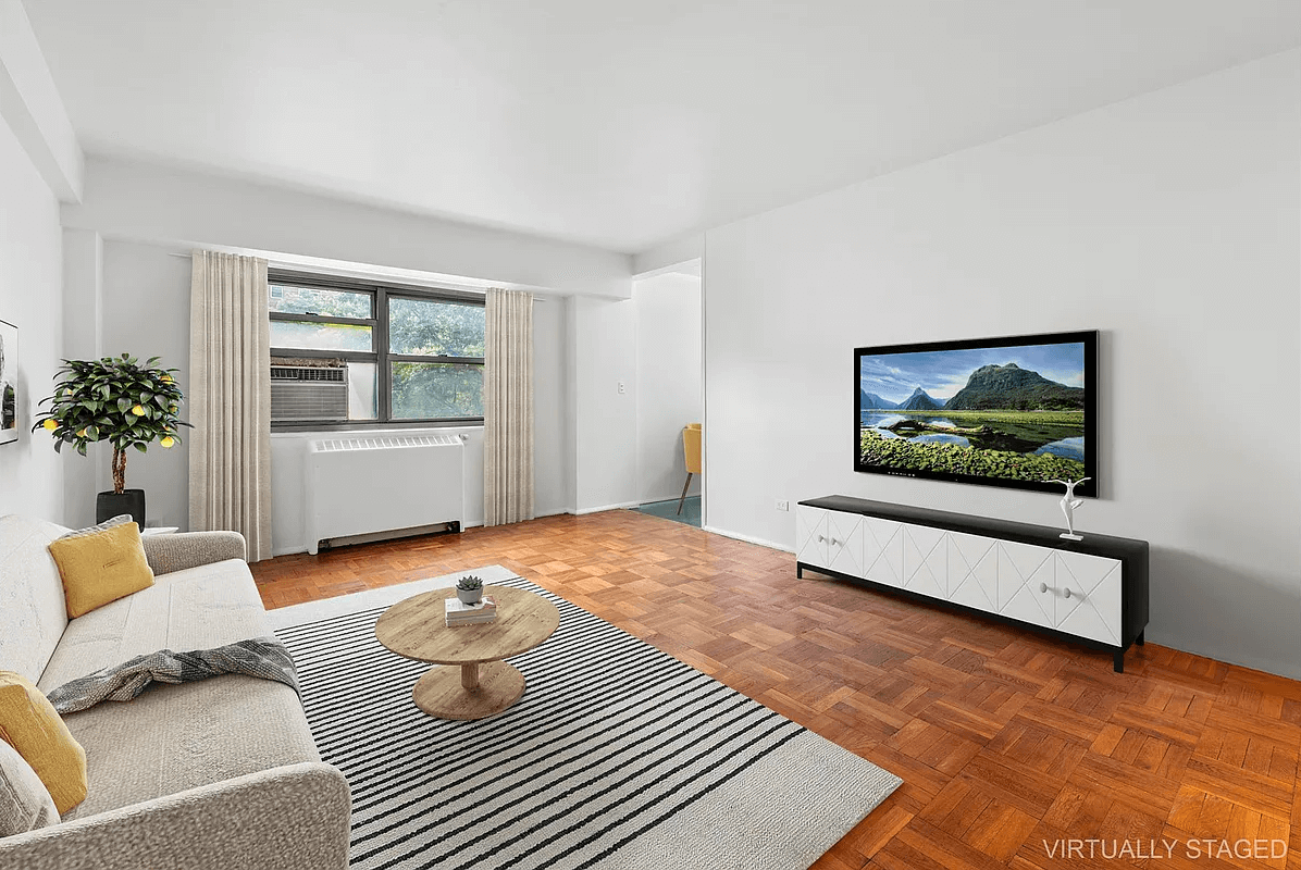concord village - virtually staged living room with parquet floor