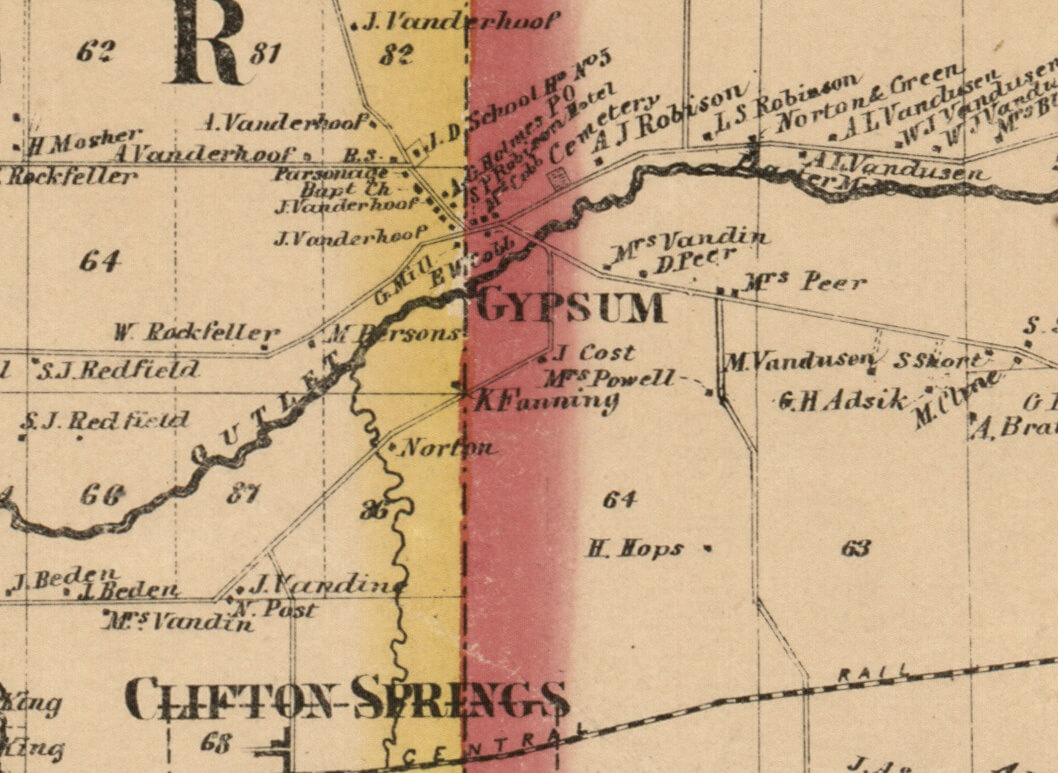 map of 1859 with black dots labeled baptist church and parsonage