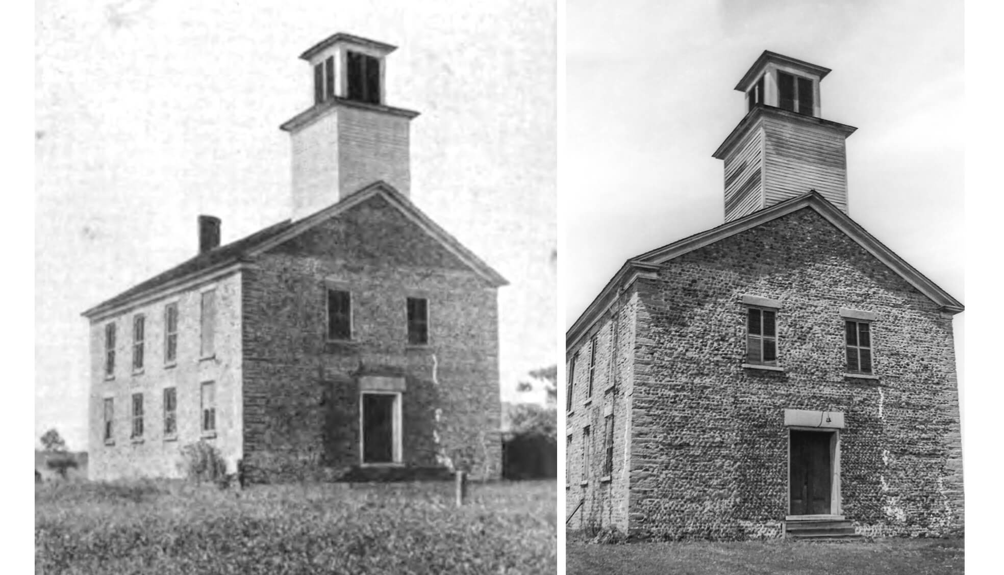 two black and white photos of the church with the steeple still intact