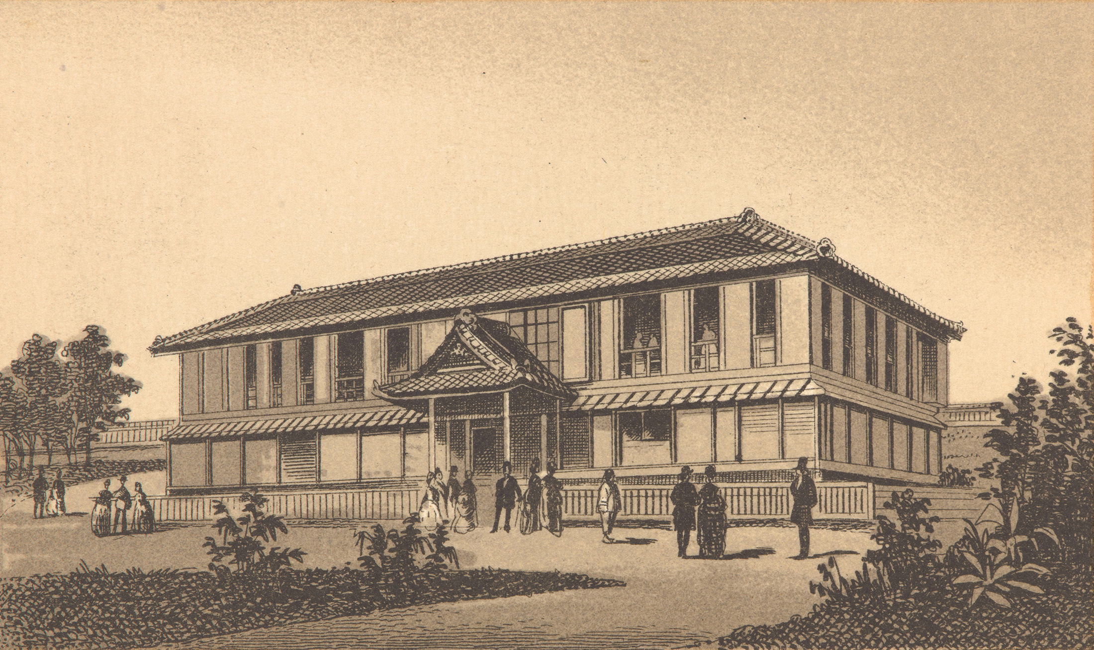 a lighograph of a japanese villa