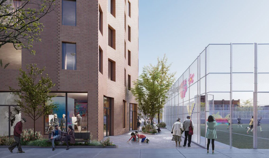 senior housing - rendering showing brick buidling next to a sports field