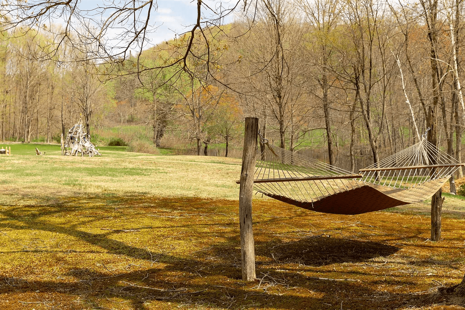 view of hammock with fire pit in the distance