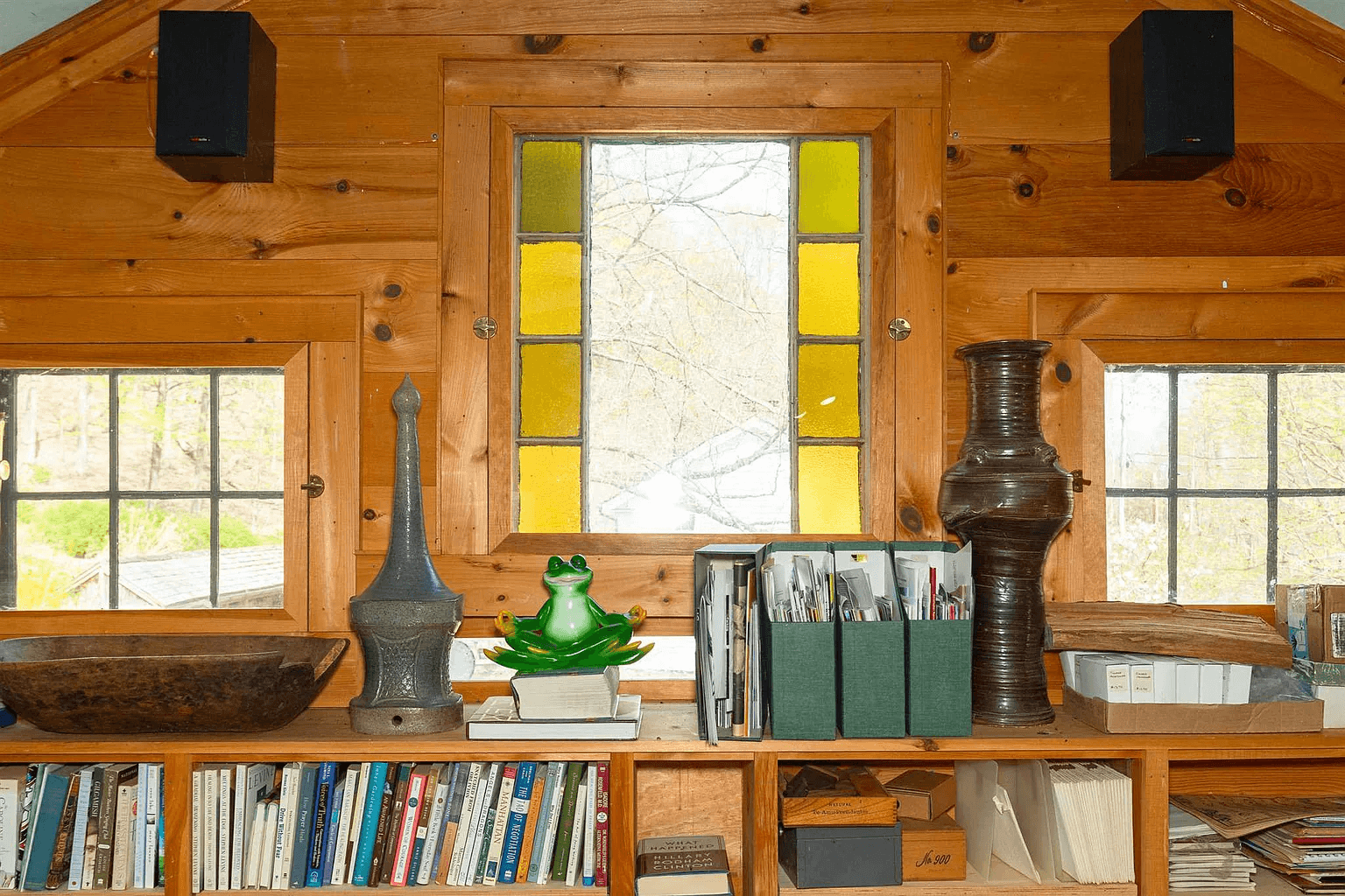 shelves and wood walls in the studio