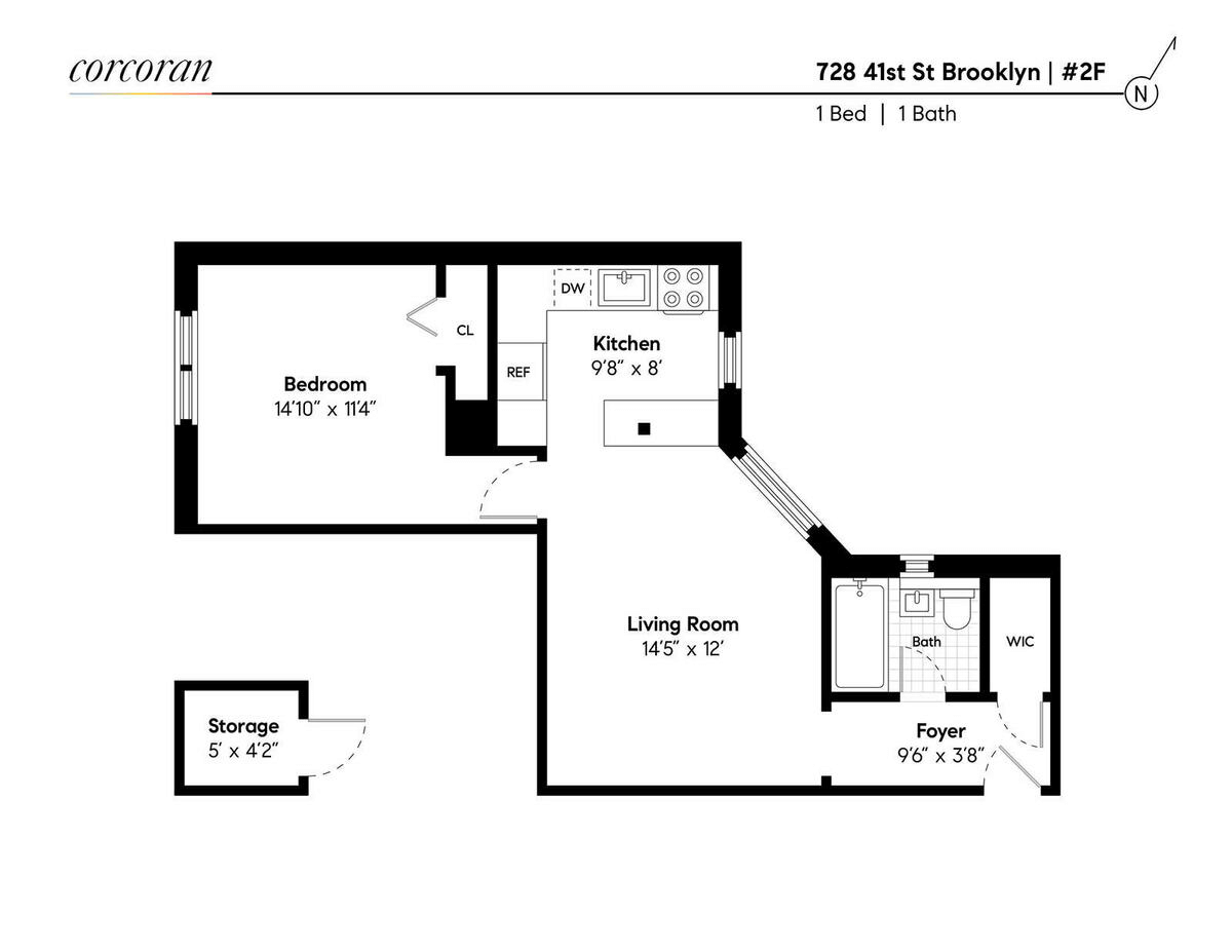 floorplan showing bedroom at one end and bath at the other end of the unit