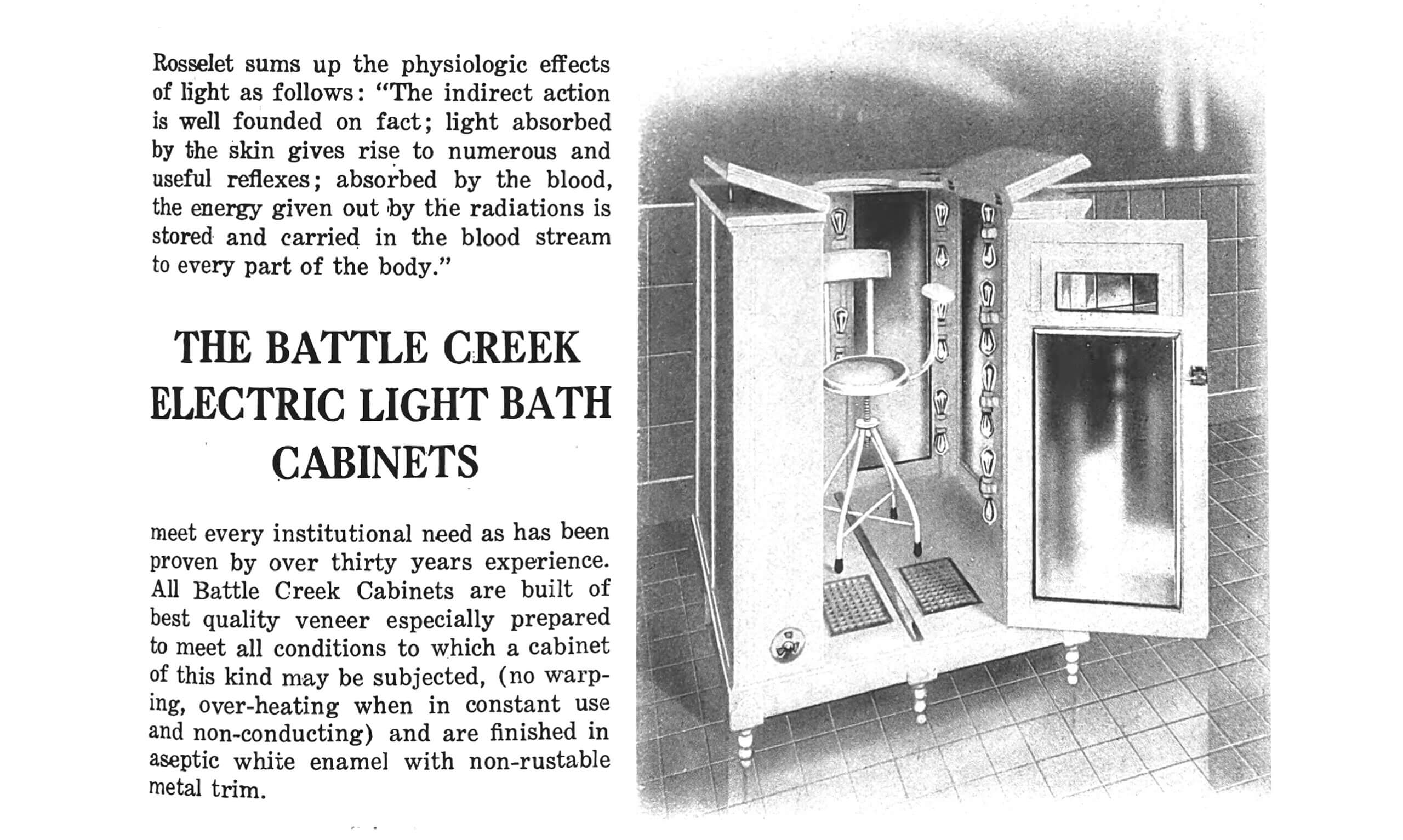 a black and white ad showing a cabinet with a stool and light bulbs