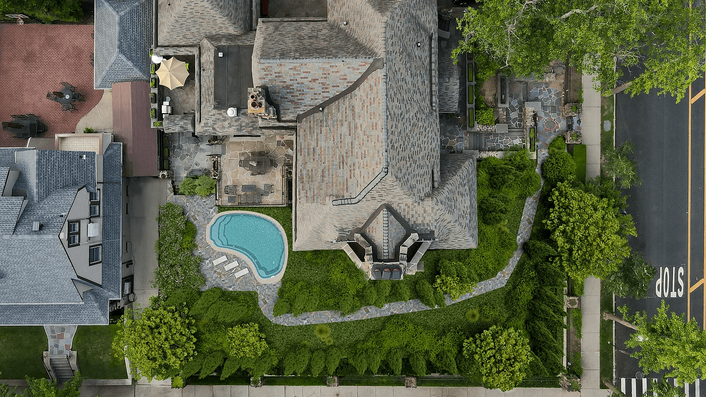 aerial view with view of the pool