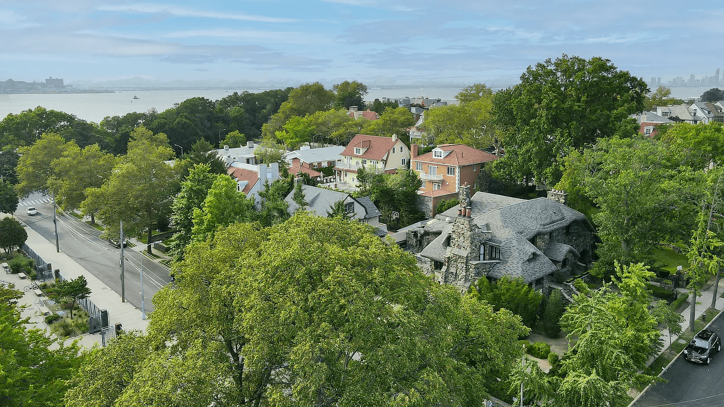 aerial view of the block with view of the water beyond