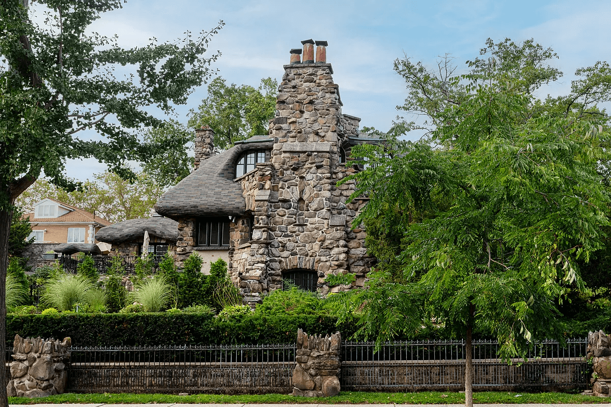 exterior with stone chimney