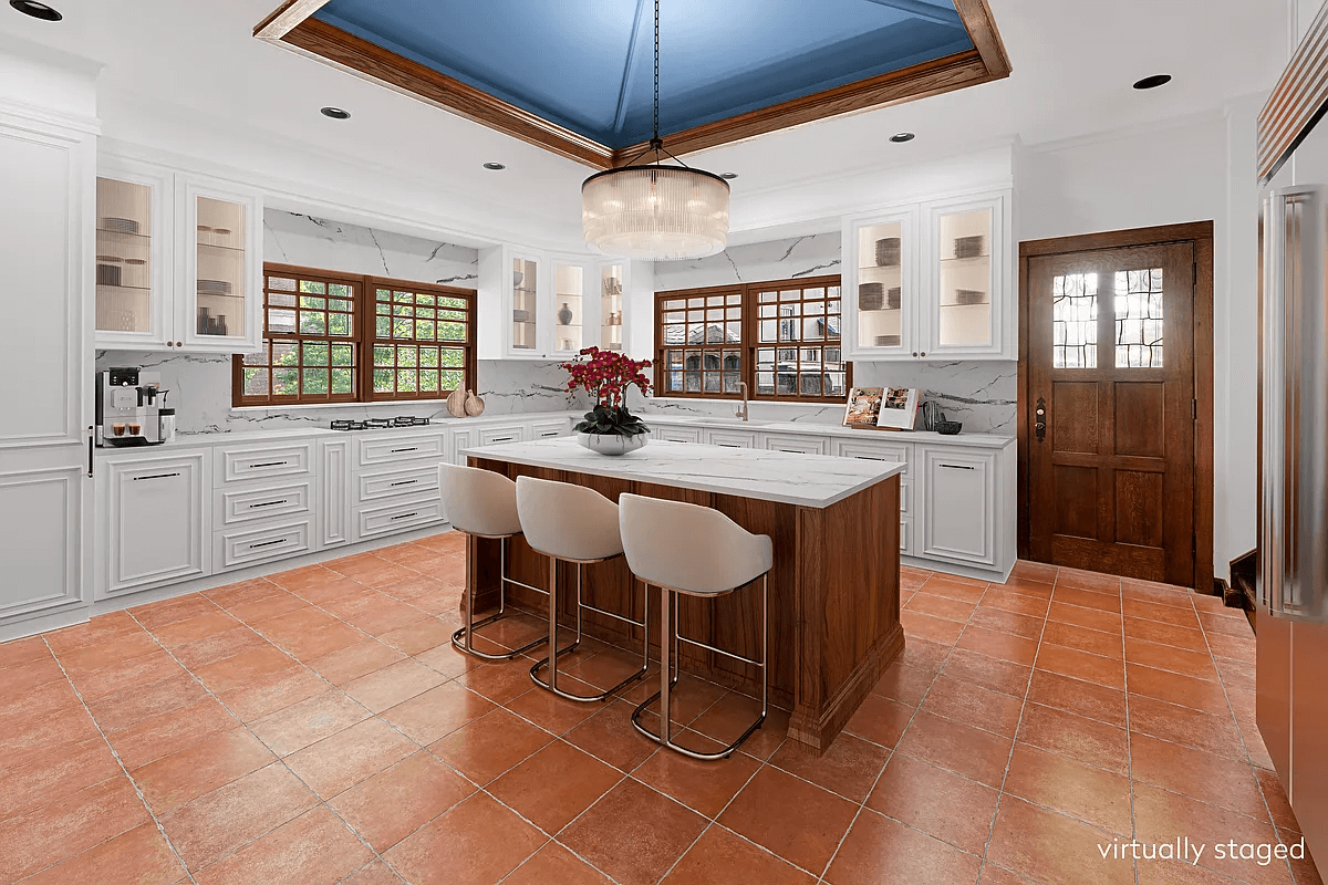 virtually staged kitchen with white cabinets