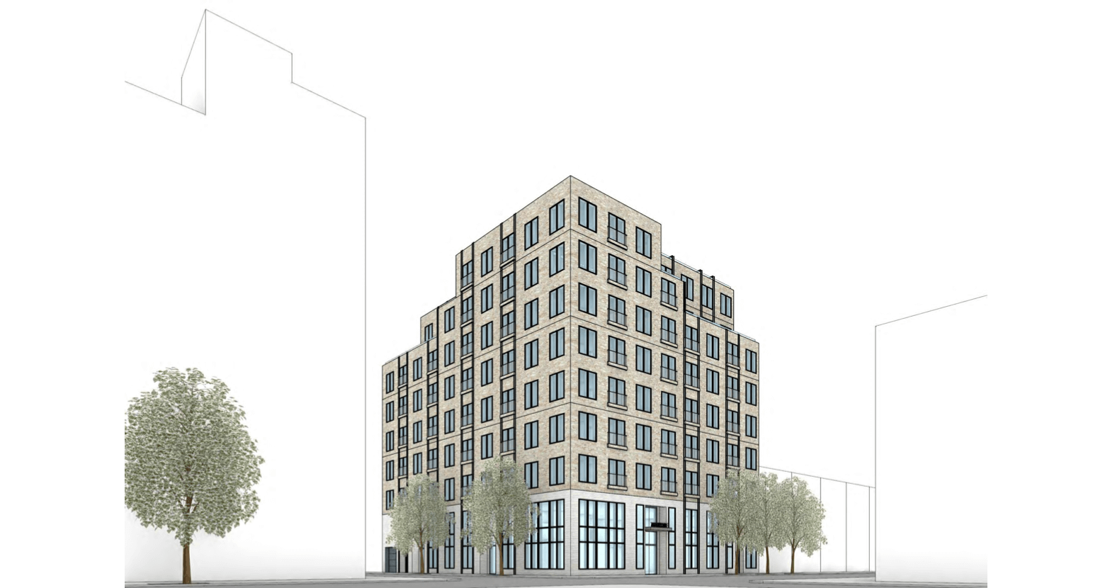 rendering showing brick corner building