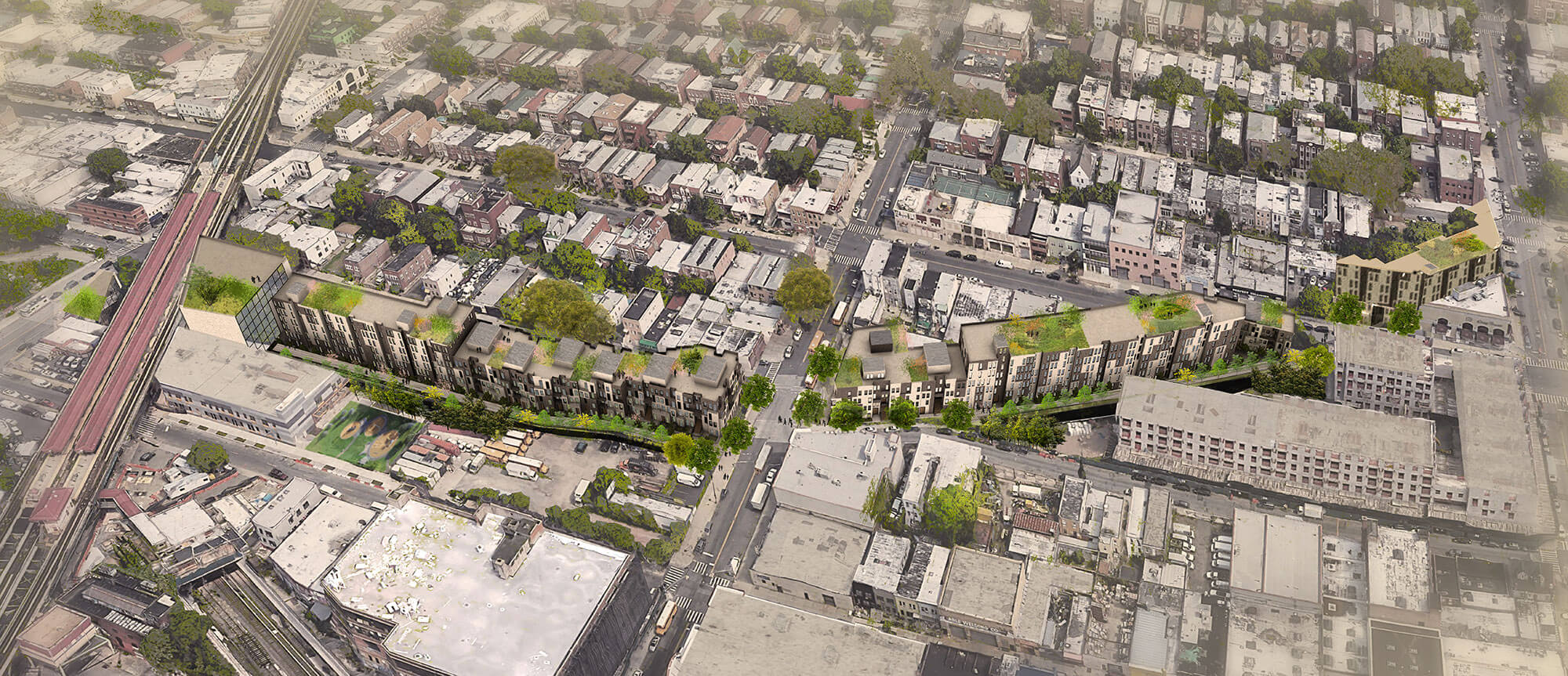aerial view rendering showing new buildings on top of the rail line