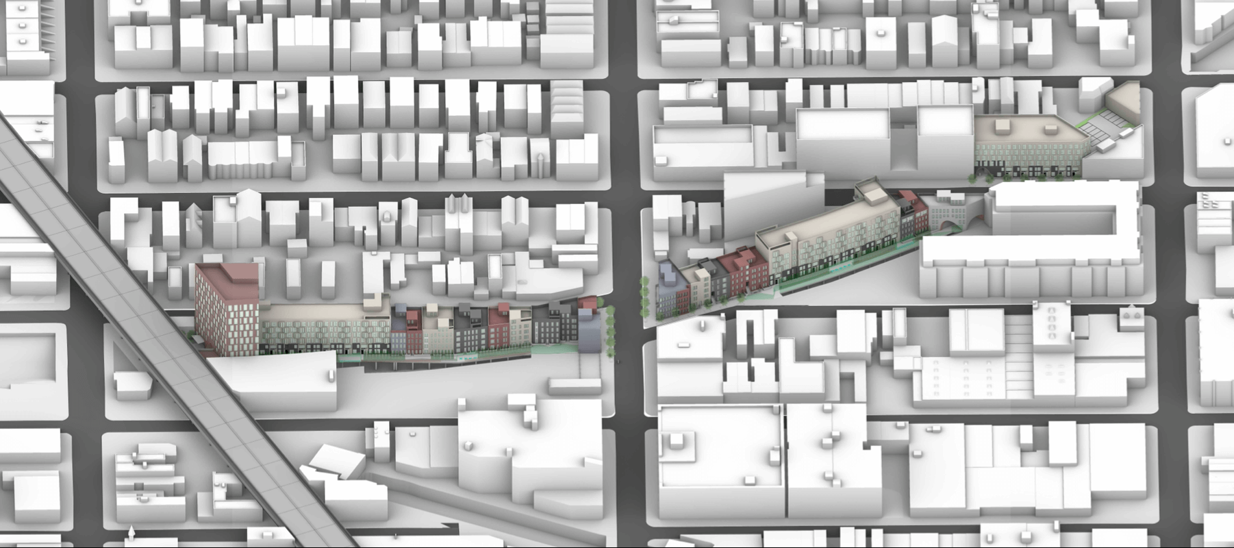 rendering showing an aerial view of the planned buildings and the surrounding blocks