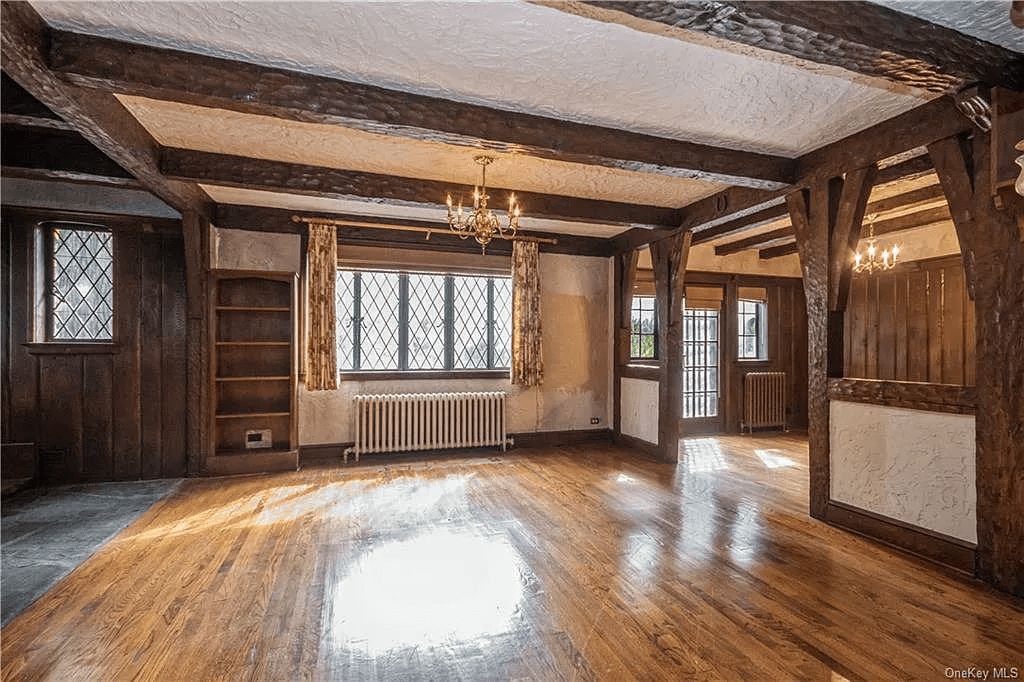 living room with leaded glass windows