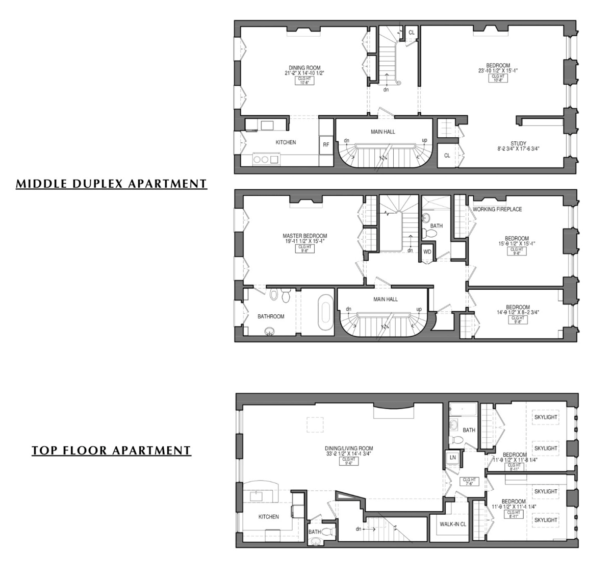 floor plan for the middle duplex with three bedrooms and the top floor two bed rental