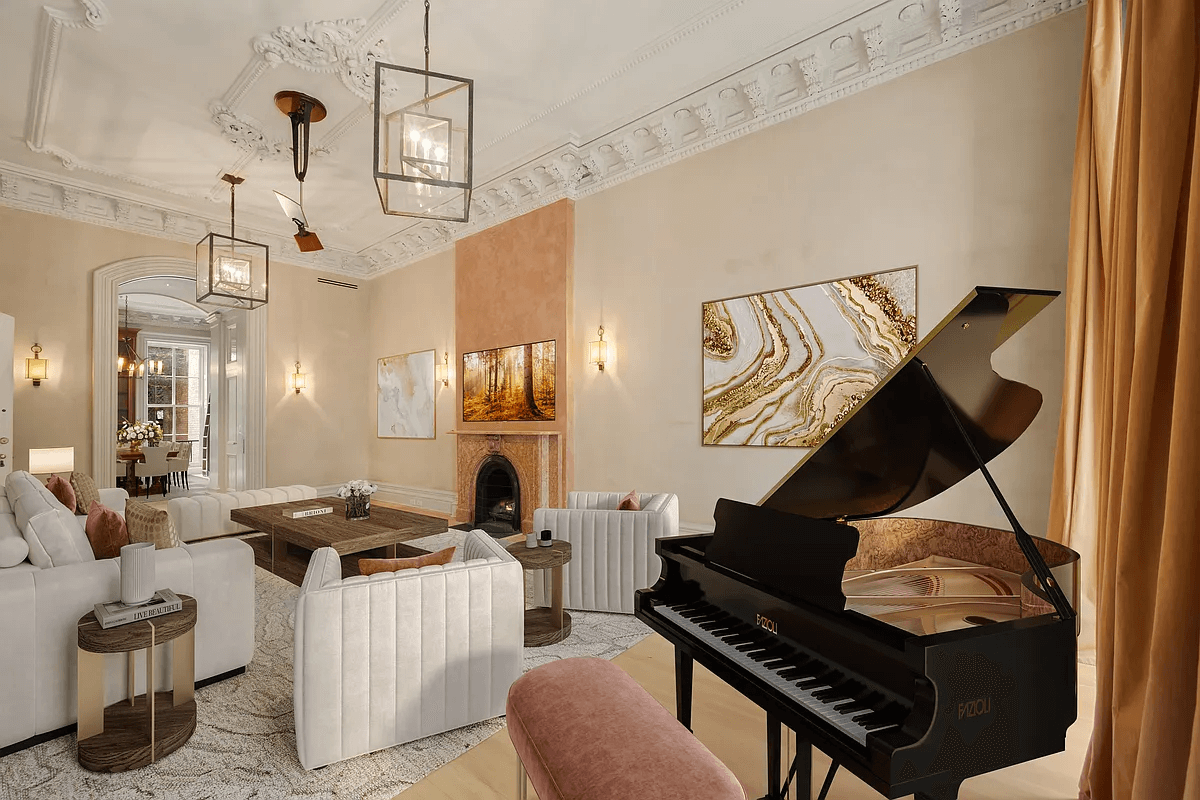 parlor level with plasterwork and marble mantel