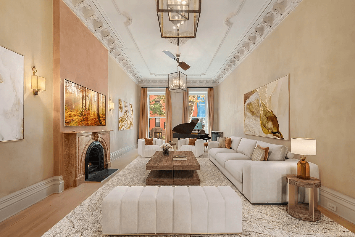 parlor level with plasterwork, high ceilings and marble mantel