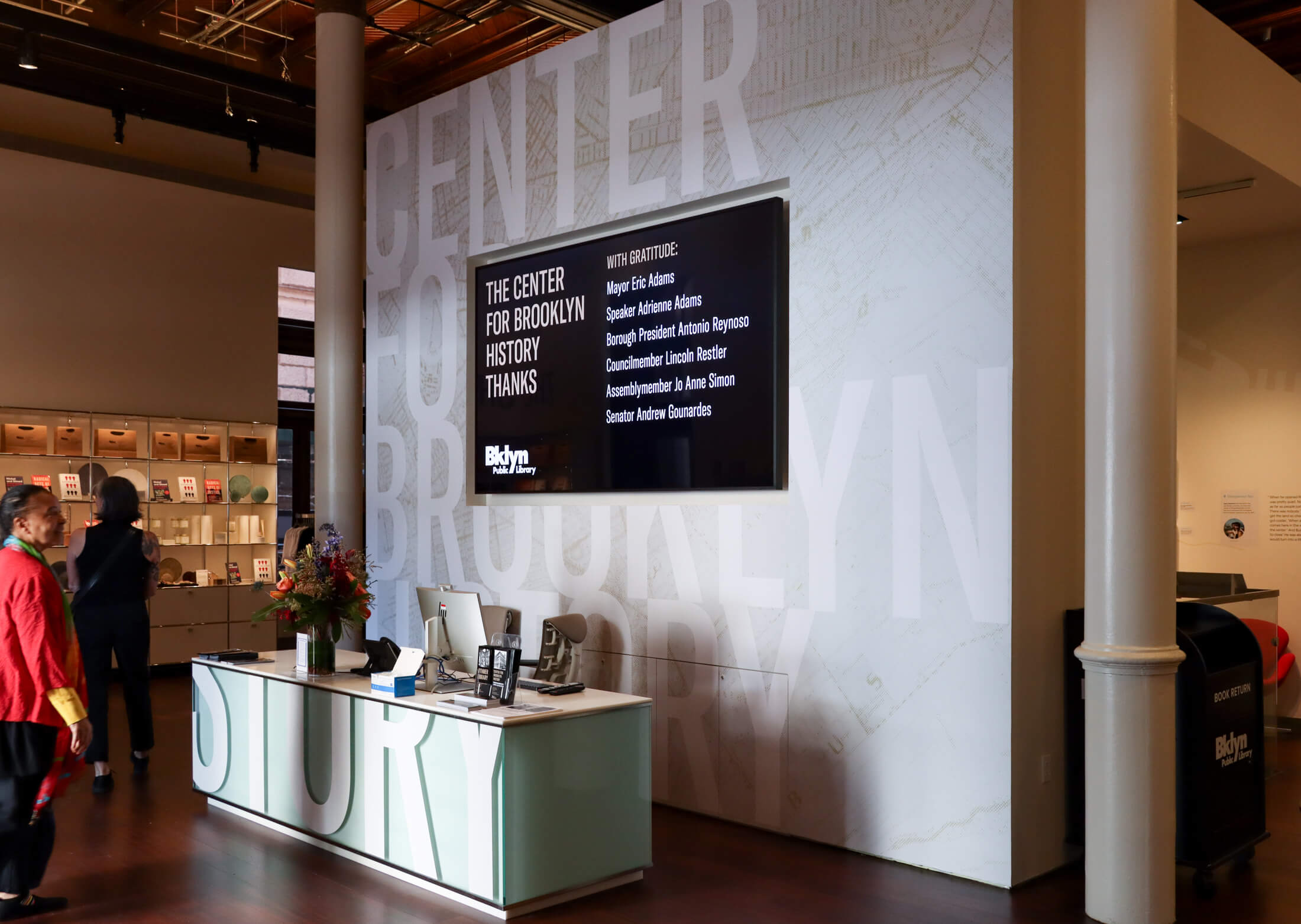 center for brooklyn history - front desk with signage for the center
