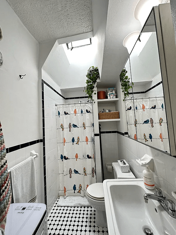 bathroom with skylight and a shower