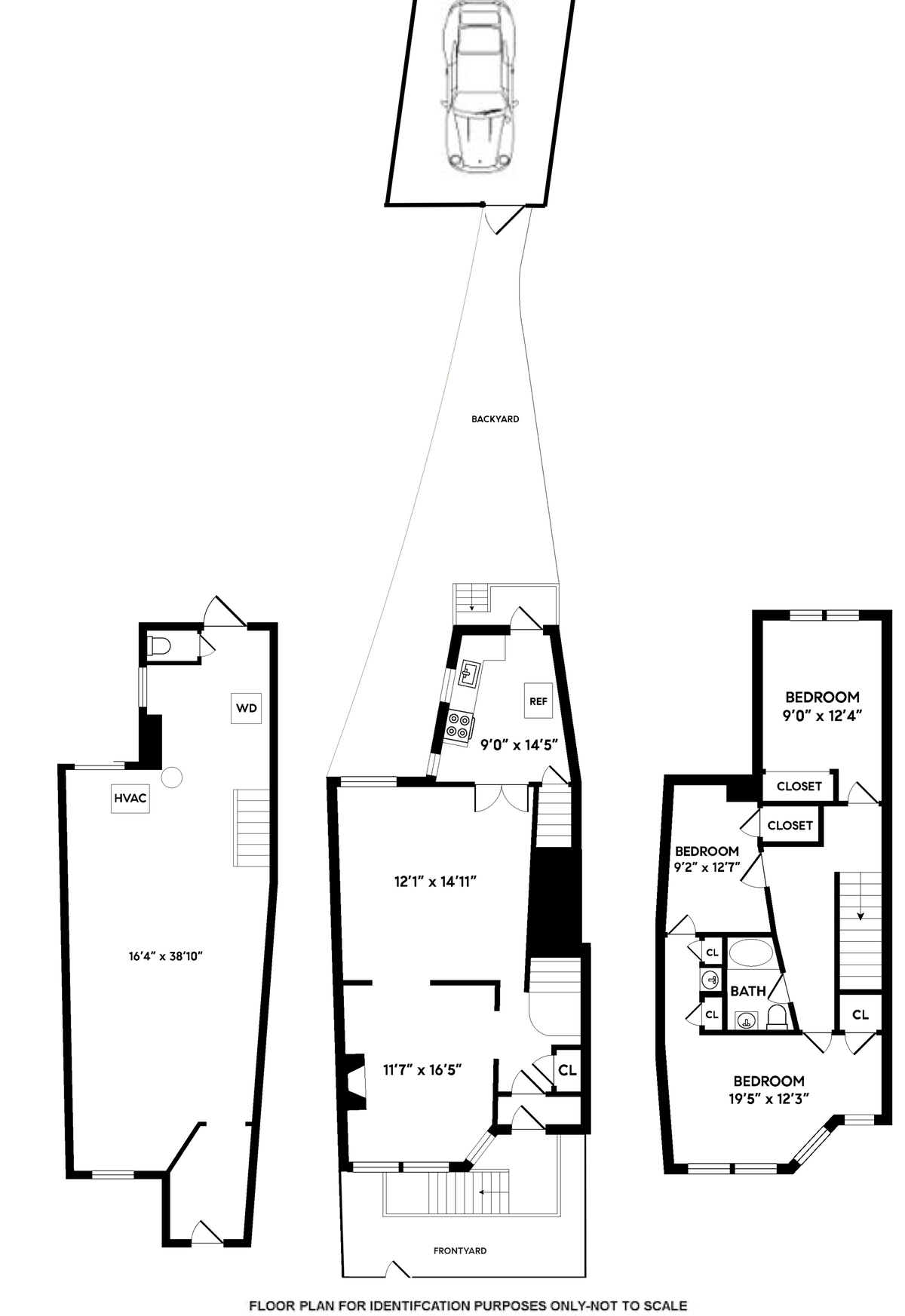 floorplan showing three bedrooms and one full bath in the house