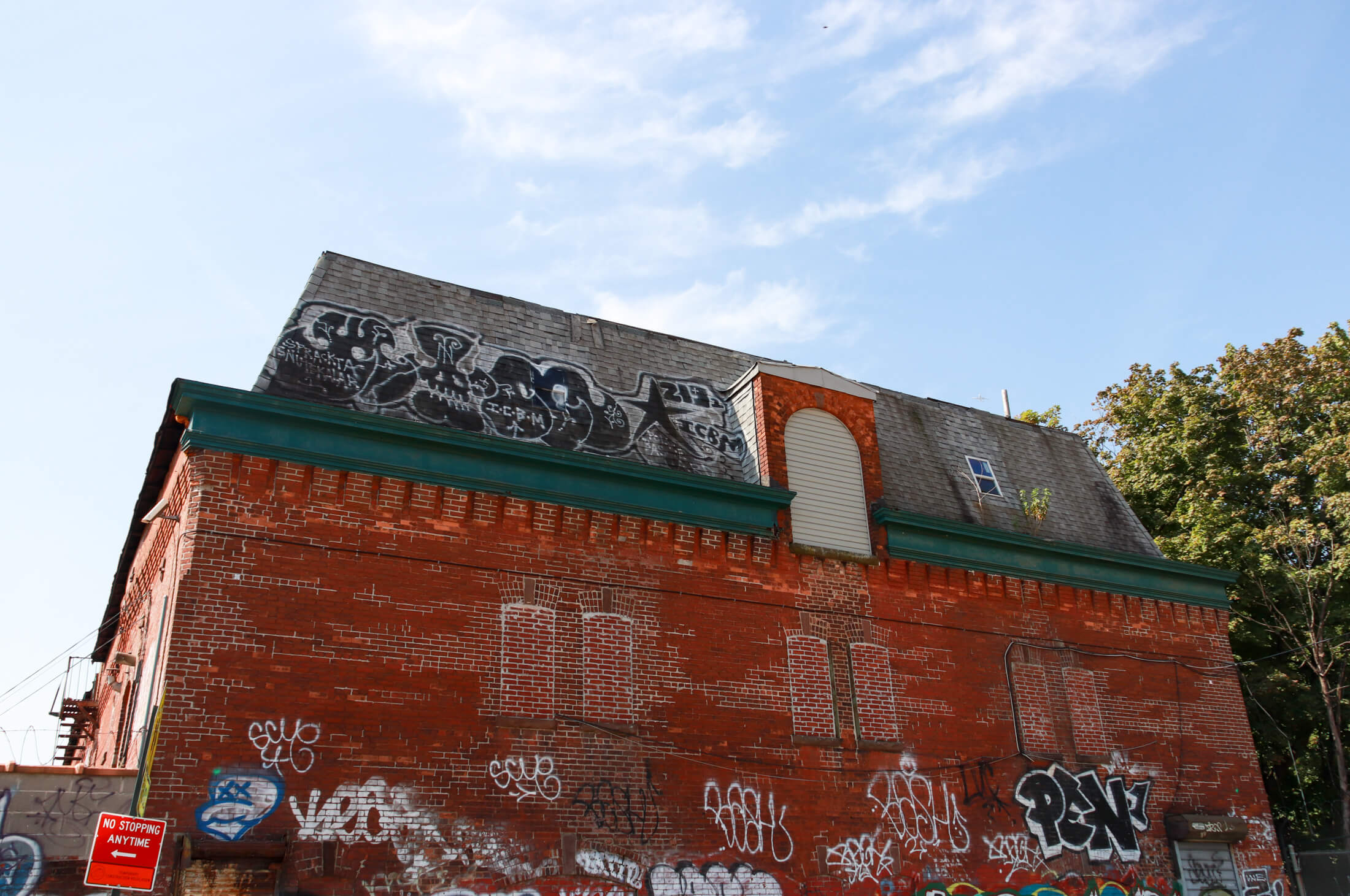 detail of the mansard roofed building