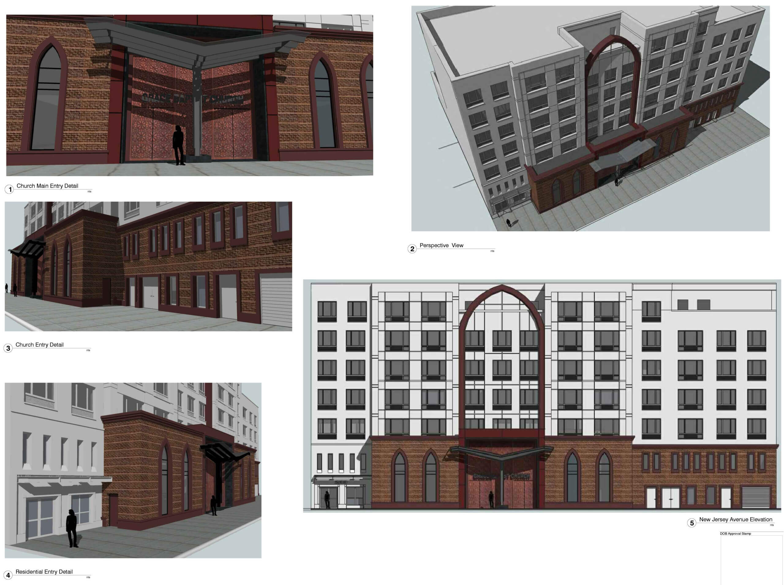 renderings showing the church entrance and structure