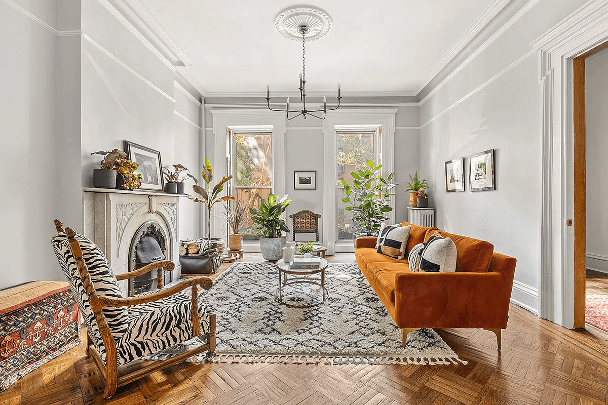 brooklyn parlor with marble mantel and wood floors