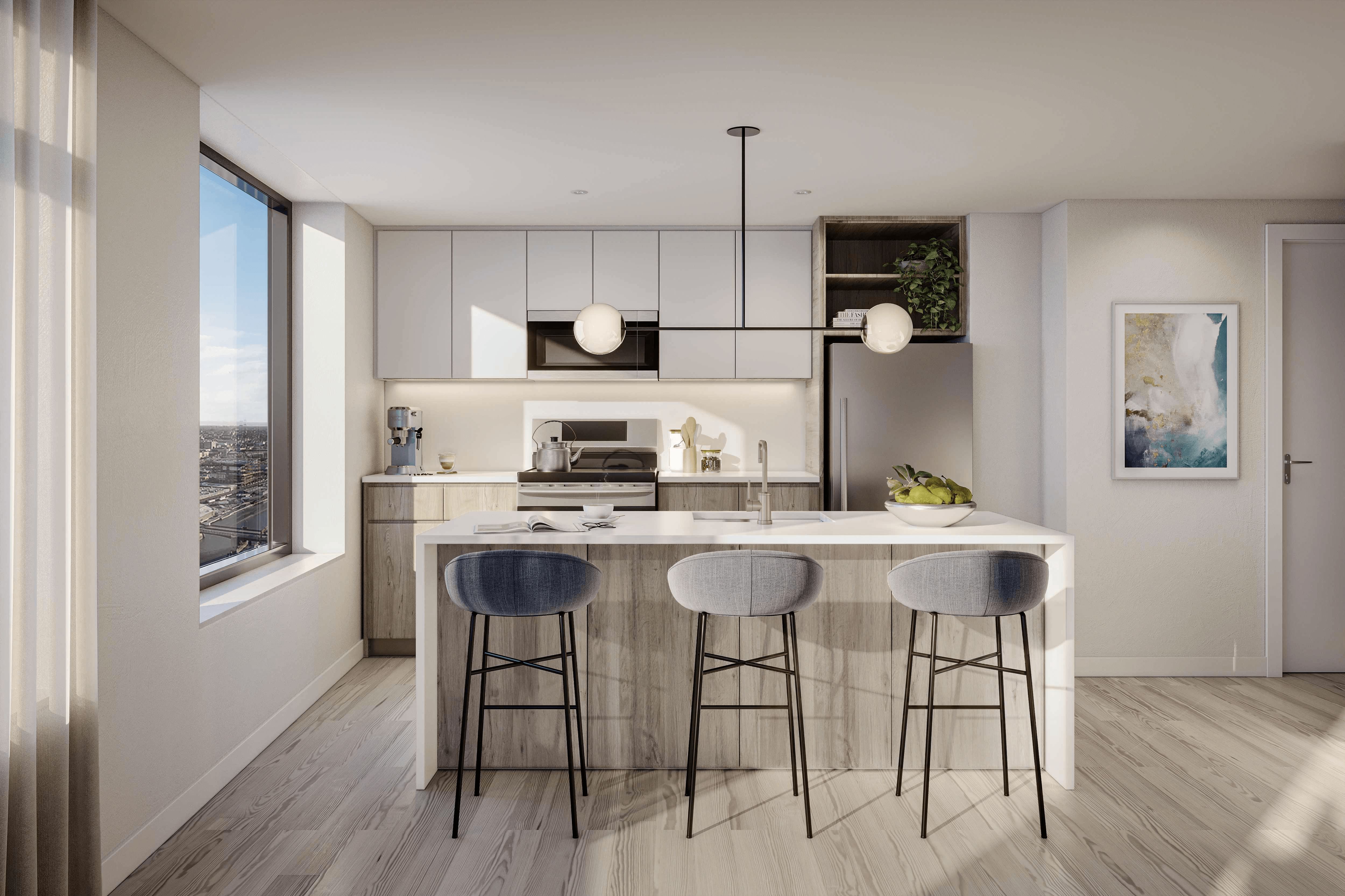 kitchen with pale floors and white cabinets