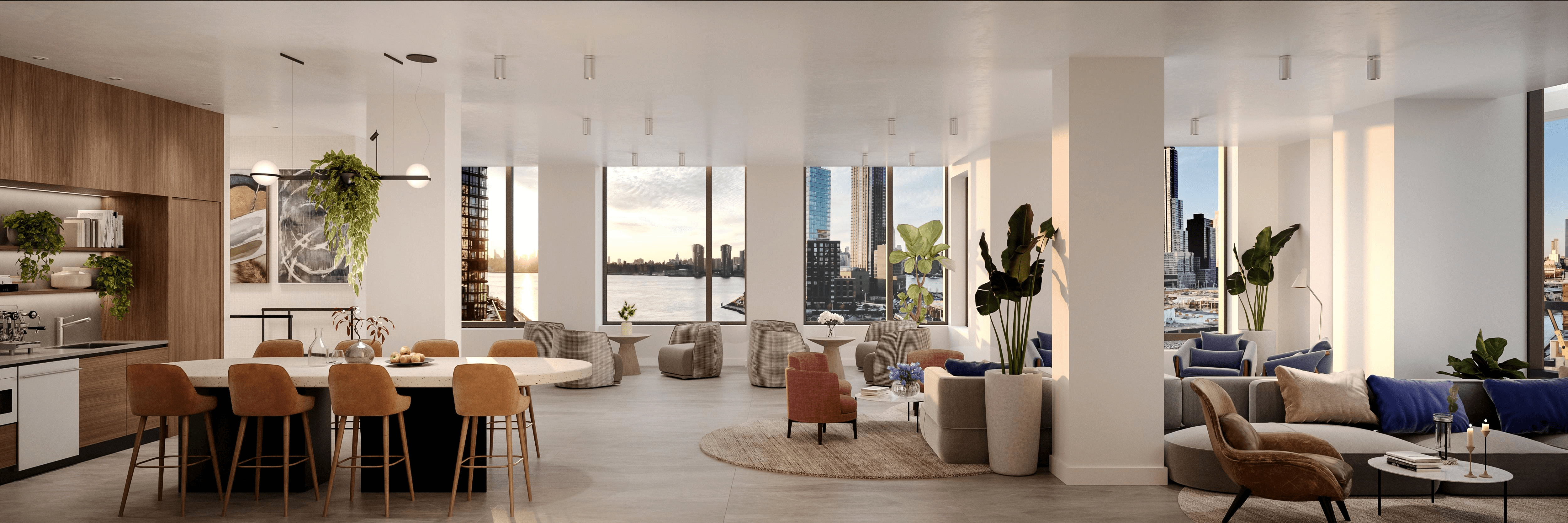 rendering of a community space with a kitchenette and windows with a manhattan skyline view