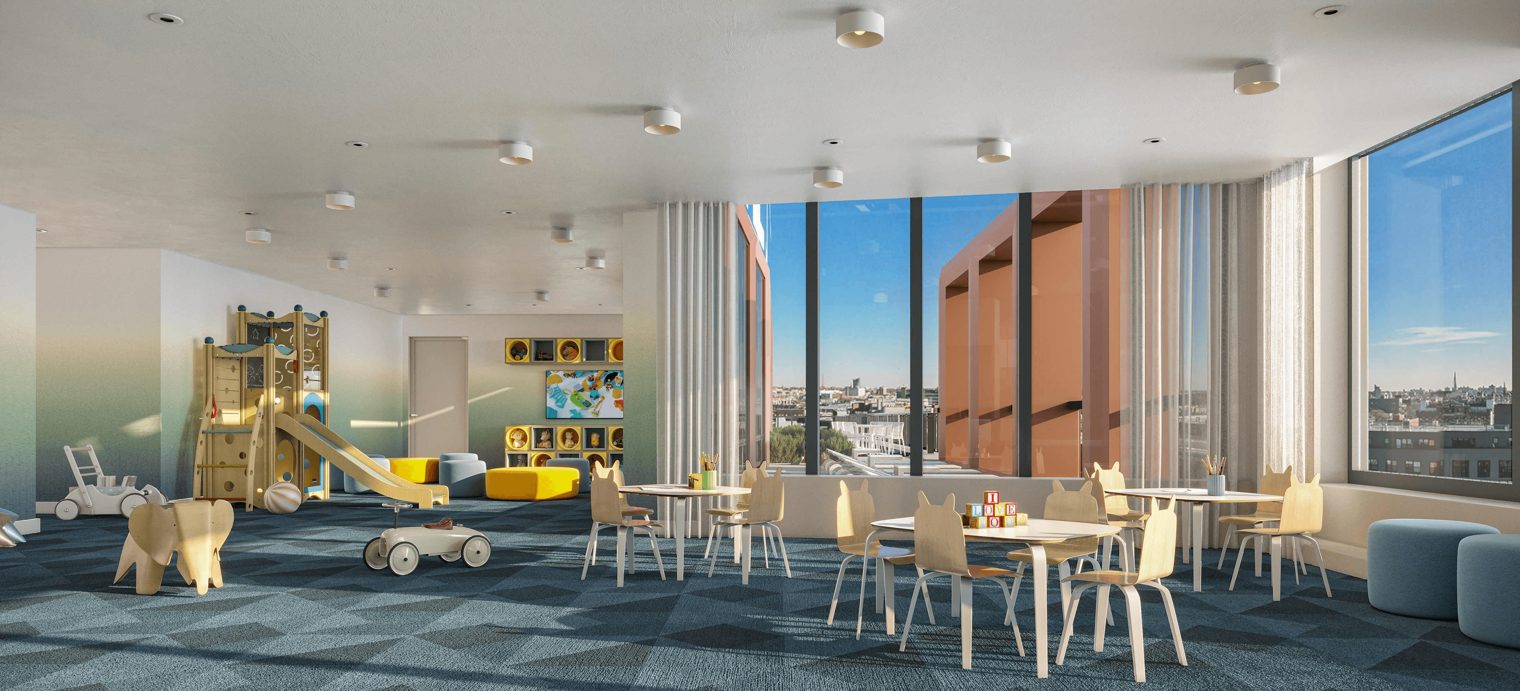 rendering of a play room with carpeting and floor to ceiling windows