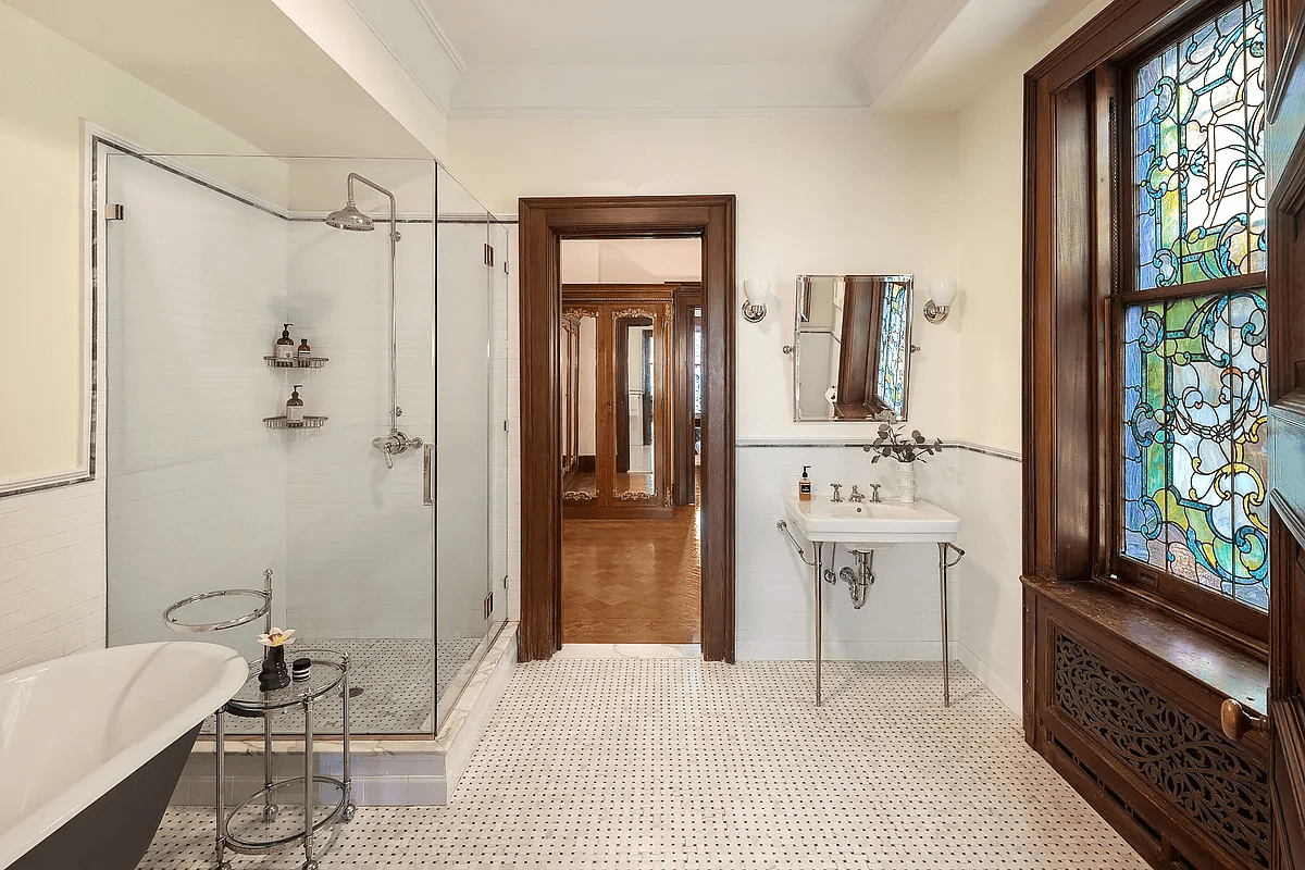 bathroom with stained glass windows