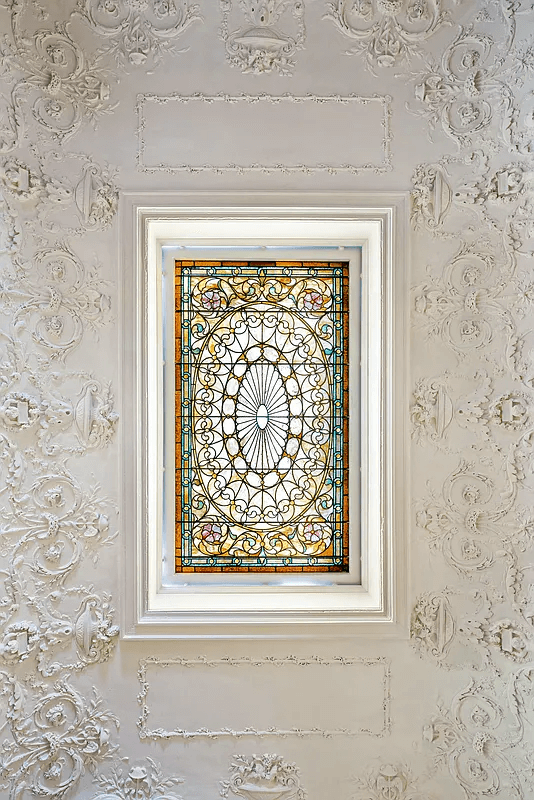 stained glass skylight and ornamental plaster ceiling
