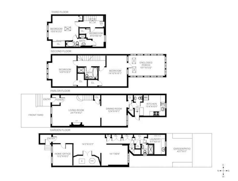 floorplan showing four bedrooms on the upper floors