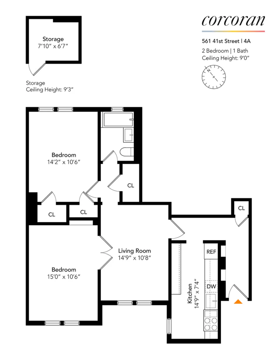 floorplan with kitchen near entry and four closets in unit