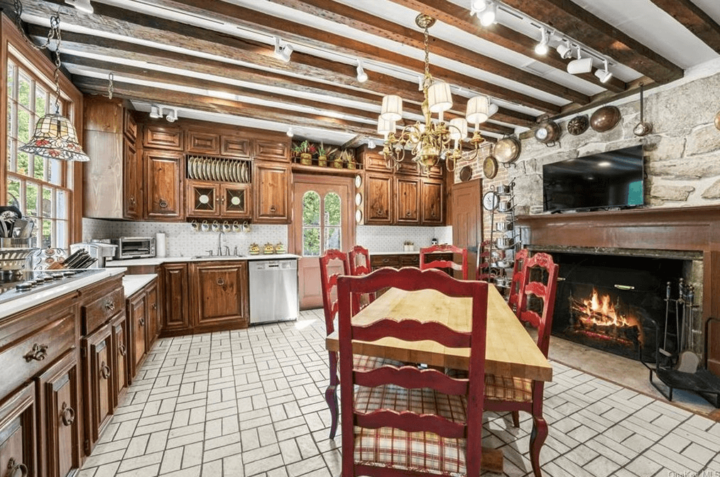 kitchen with 1970s era wood cabinets