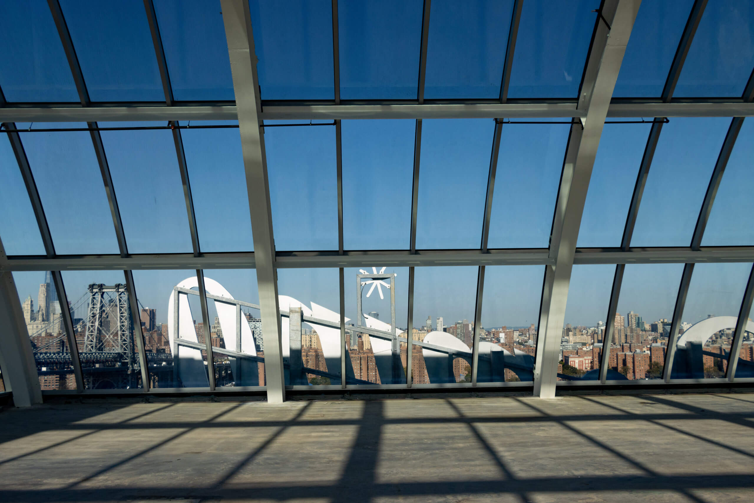 view of the domino sign from inside the building