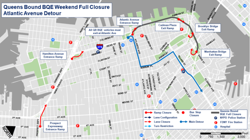 map showing the closures and detours