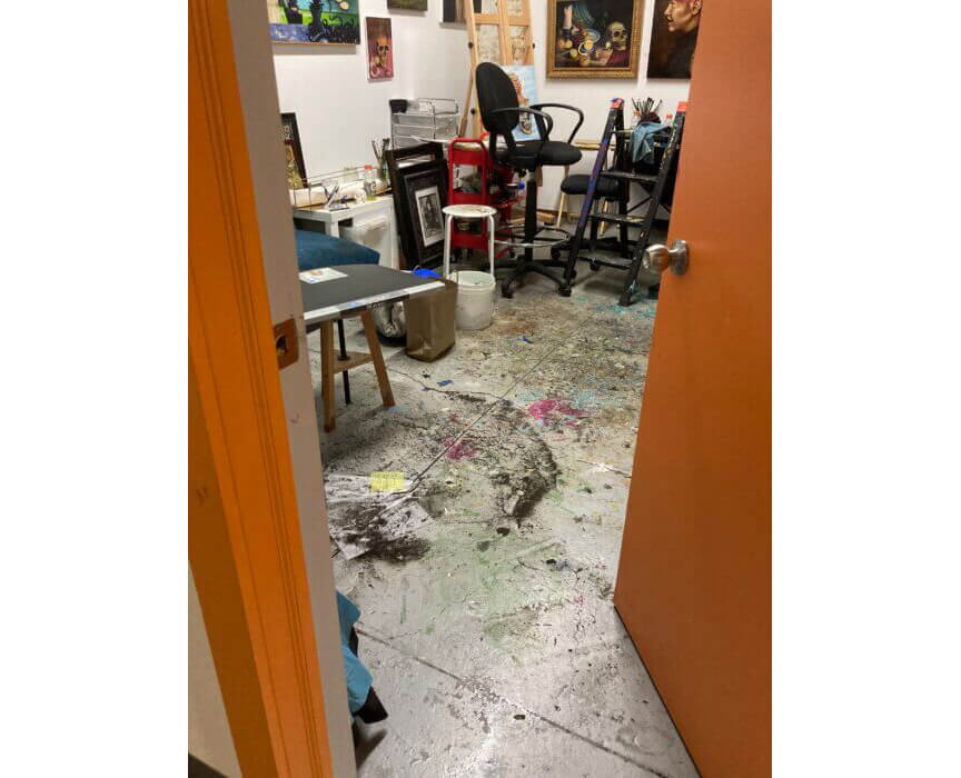 look inside a studio space with water damage