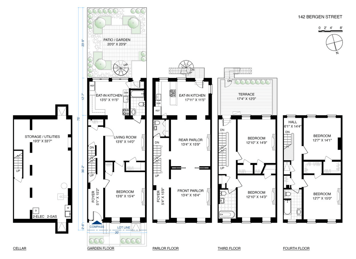 floorplans showing garden rental and triplex above with four bedrooms
