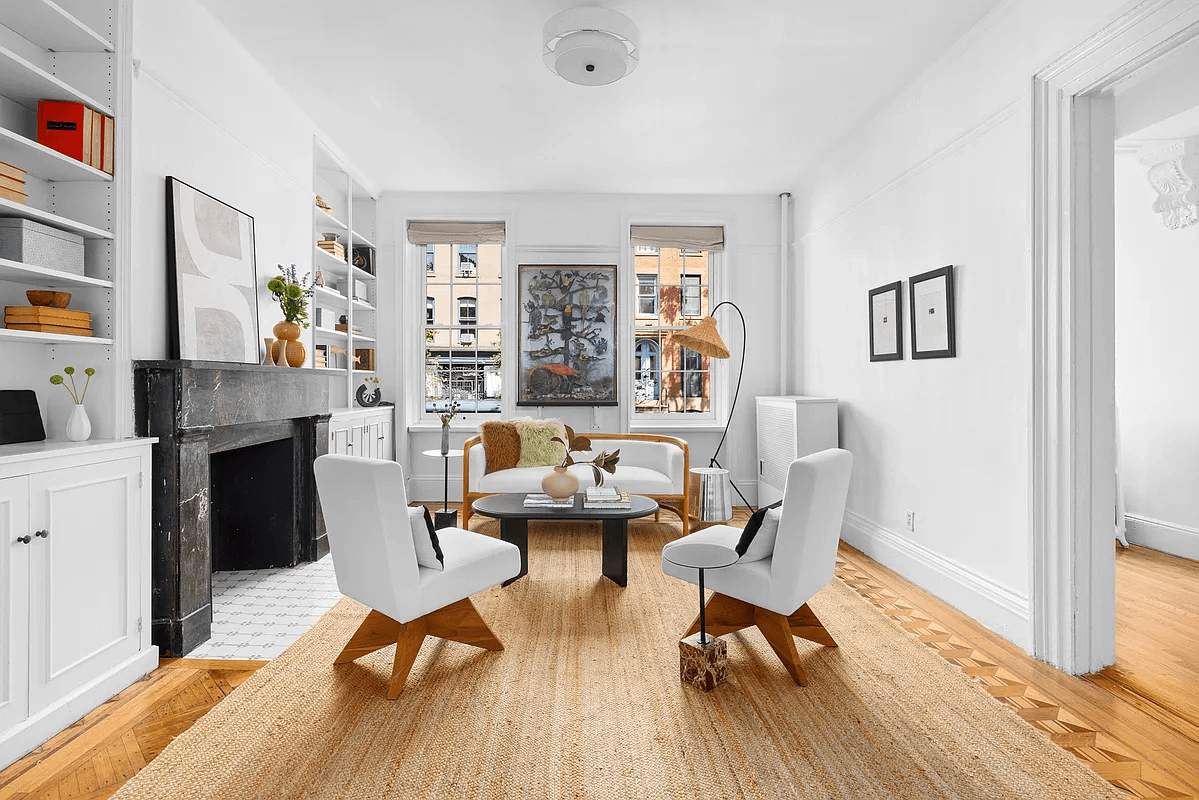 boerum hill - parlor with black marble mantel and modern built-ins