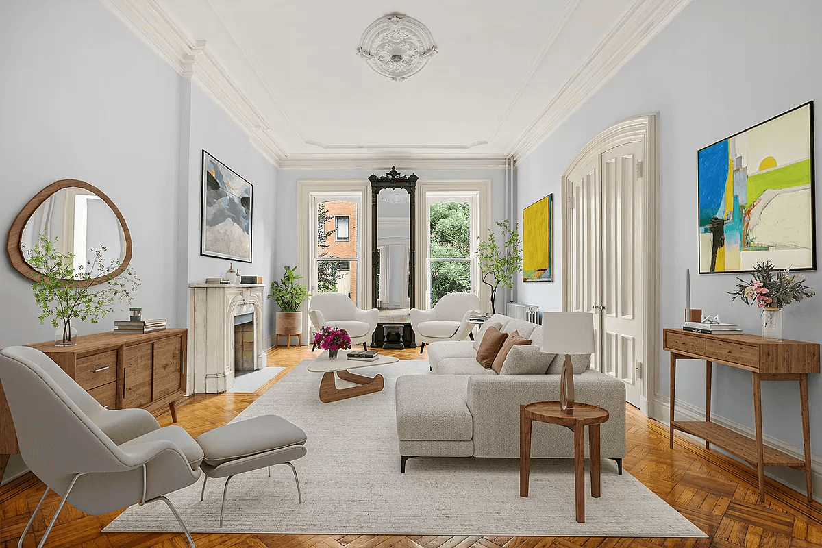 virtually staged parlor with ceiling medallion