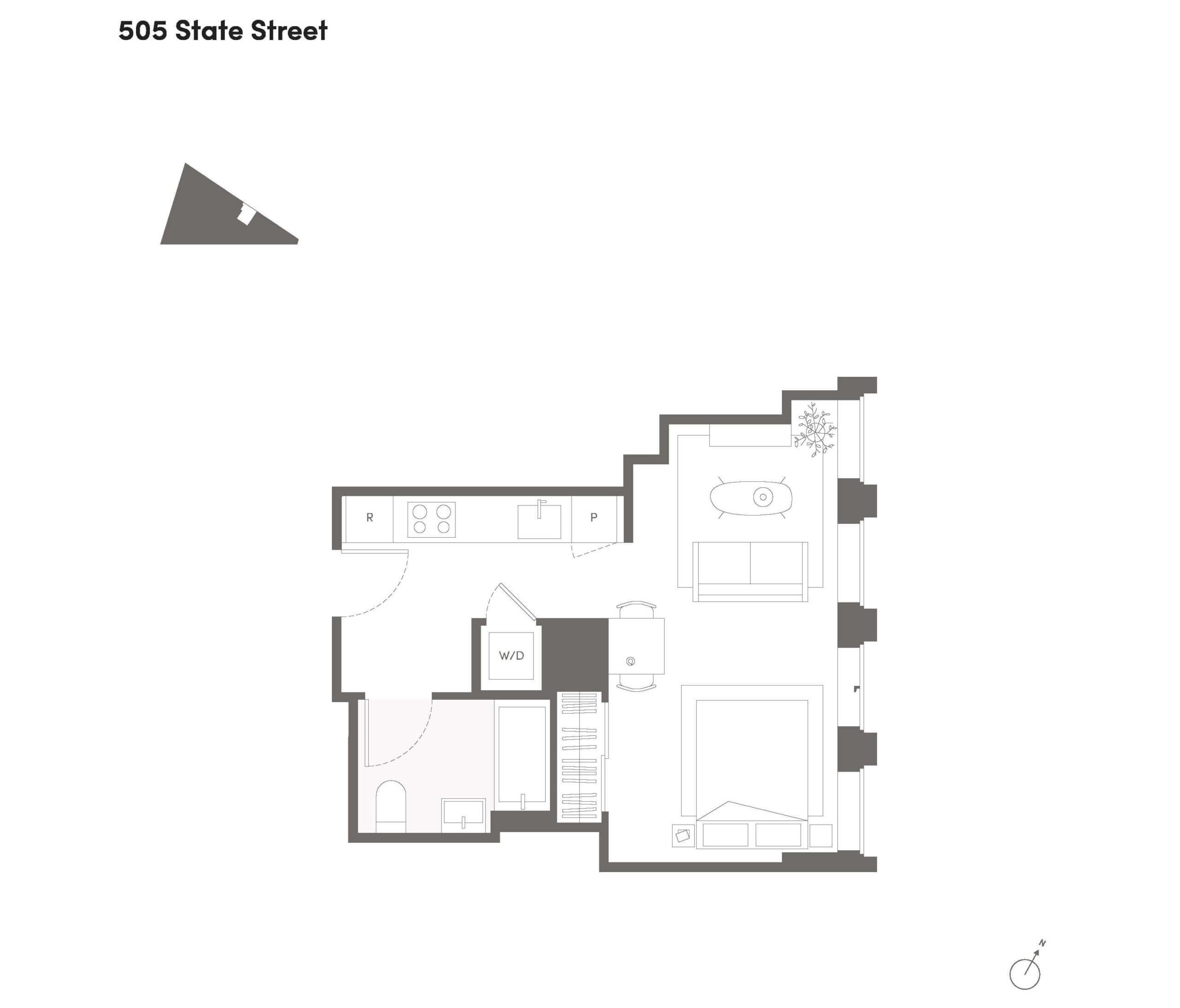 floor plan for a studio unit with windows in living area