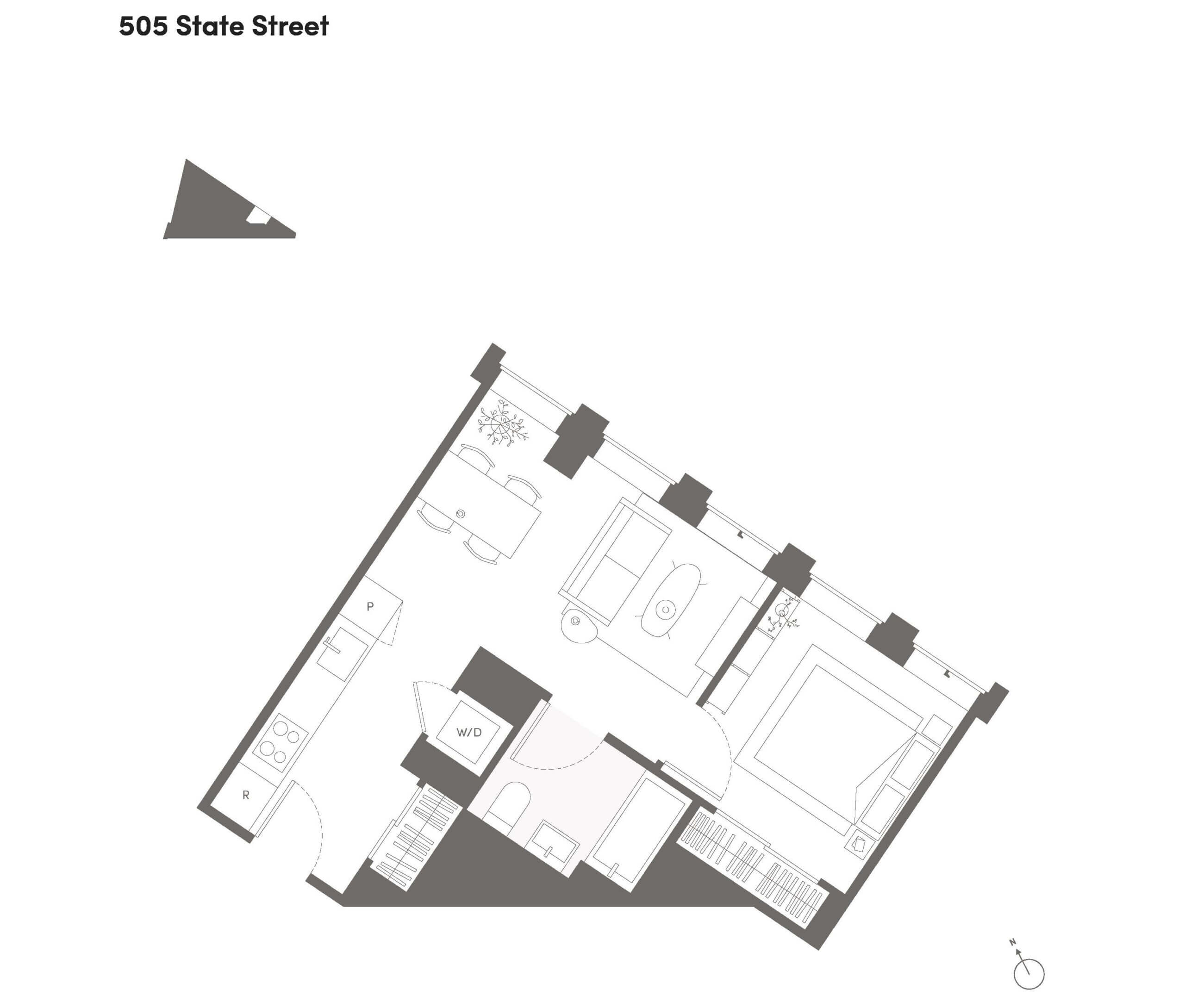 floor plan of a one bedroom unit with windows in living room and bedroom