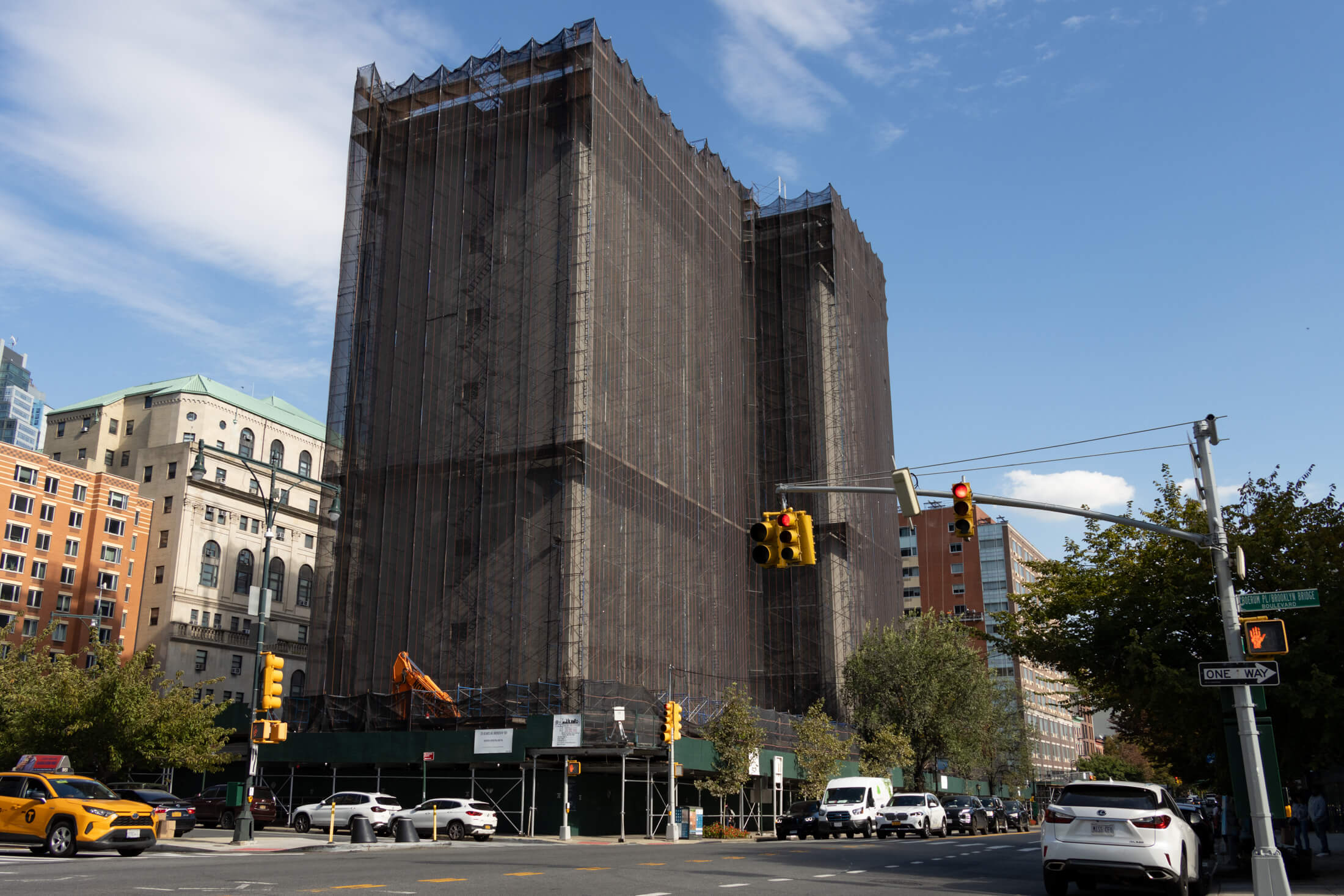 view of the scaffolded jail on atlantic avenue looking toward smith street
