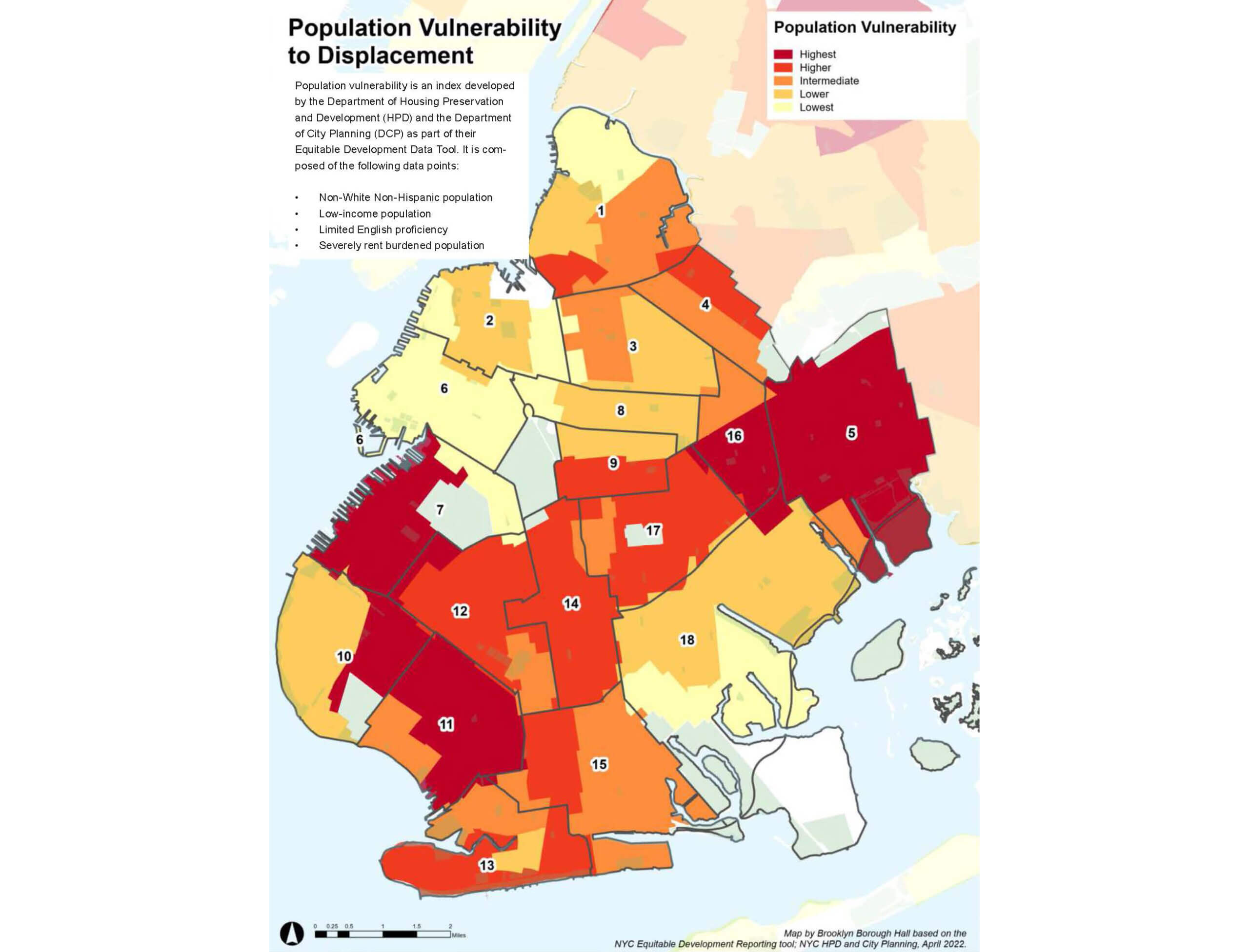 A map color coded to show neighborhood vulnerability to displacement